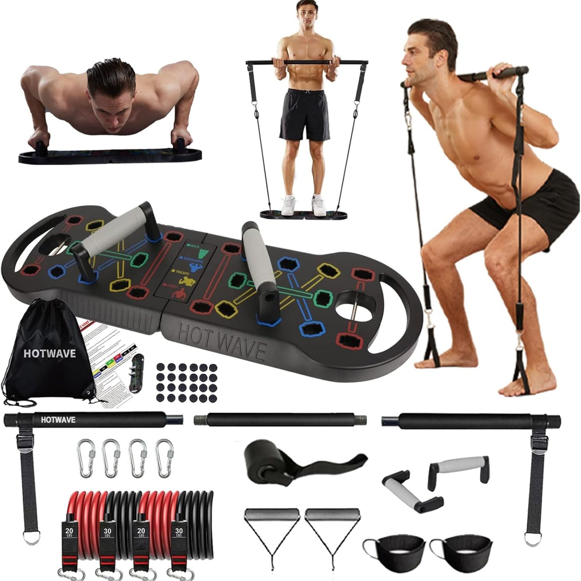 HOTWAVE Portable Exercise Equipment with 16 Gym Accessories.20 in 1 Push Up Board Fitness,Resistance Bands with Ab Roller Wheel,Full Body Workout at Home HOTWAVE Portable Exercise Equipment with 16 Gym Accessories.20 in 1 Push Up Board Fitness,Resistance Bands with Ab Roller Wheel,Full Body Workout at Home