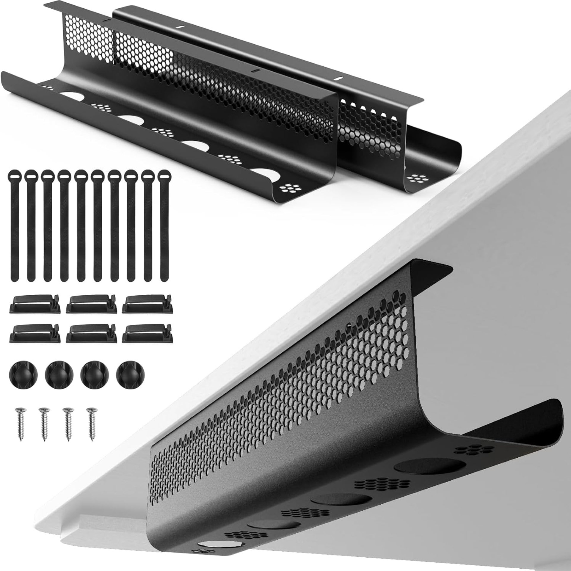 KHAMAL Cable Management Under Desk 26PCS – Cable Management Tray Kit Ventilated Hexagonal Design with Cable Clips, Wire Ties, Cord Holder & Screws for Office, Home – 2 Black Sets KHAMAL Cable Management Under Desk 26PCS – Cable Management Tray Kit Ventilated Hexagonal Design with Cable Clips, Wire Ties, Cord Holder & Screws for Office, Home – 2 Black Sets