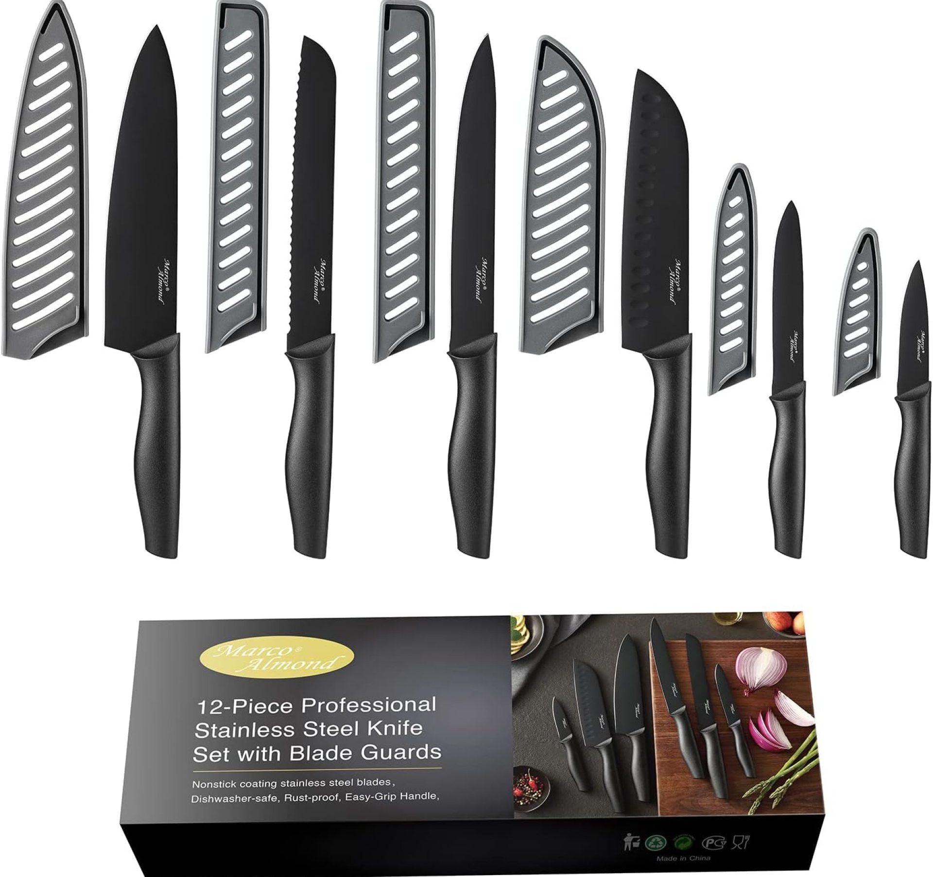 Marco Almond Kitchen Knife Set, KYA38 12-Piece Kitchen Knives Set with Covers, 6 Knives with 6 Blade Guards, Stainless Steel Cooking Knives Set for Kitchen, Black Marco Almond Kitchen Knife Set, KYA38 12-Piece Kitchen Knives Set with Covers, 6 Knives with 6 Blade Guards, Stainless Steel Cooking Knives Set for Kitchen, Black