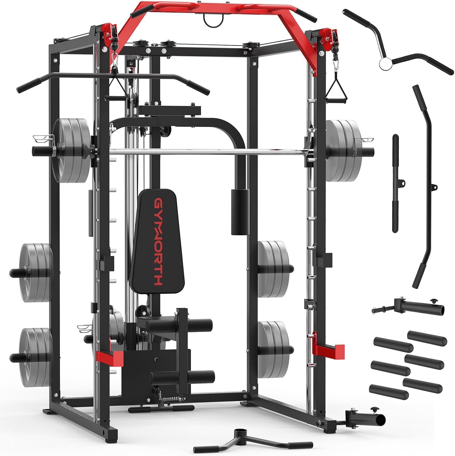 Smith Machine, Power Rack with LAT Pulldown System, Power Cage with Cable System, Squat Rack for Home Gym with Chest Press Machine, Spotter Arms, Leg Curl Attachment and More Smith Machine, Power Rack with LAT Pulldown System, Power Cage with Cable System, Squat Rack for Home Gym with Chest Press Machine, Spotter Arms, Leg Curl Attachment and More