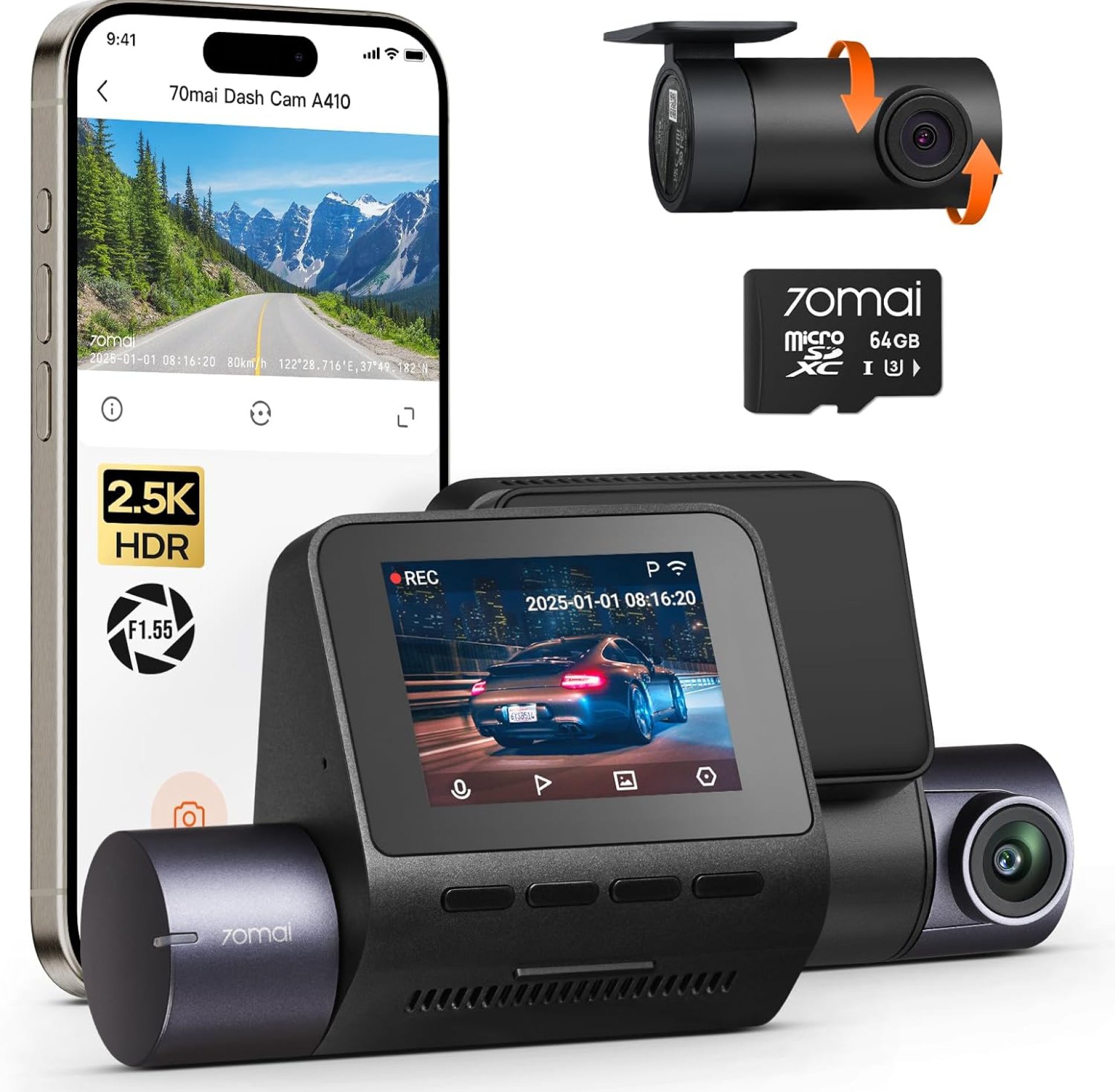 70mai Dash Cam Front and Rear – 2.5K+1080P Dual Dash Camera with HDR, Super Night Vision, F1.55 Aperture, 24H Parking Mode, Built-in Wi-Fi & GPS, G-Sensor, Loop Recording, 64GB Card Included (A410) 70mai Dash Cam Front and Rear – 2.5K+1080P Dual Dash Camera with HDR, Super Night Vision, F1.55 Aperture, 24H Parking Mode, Built-in Wi-Fi & GPS, G-Sensor, Loop Recording, 64GB Card Included (A410)