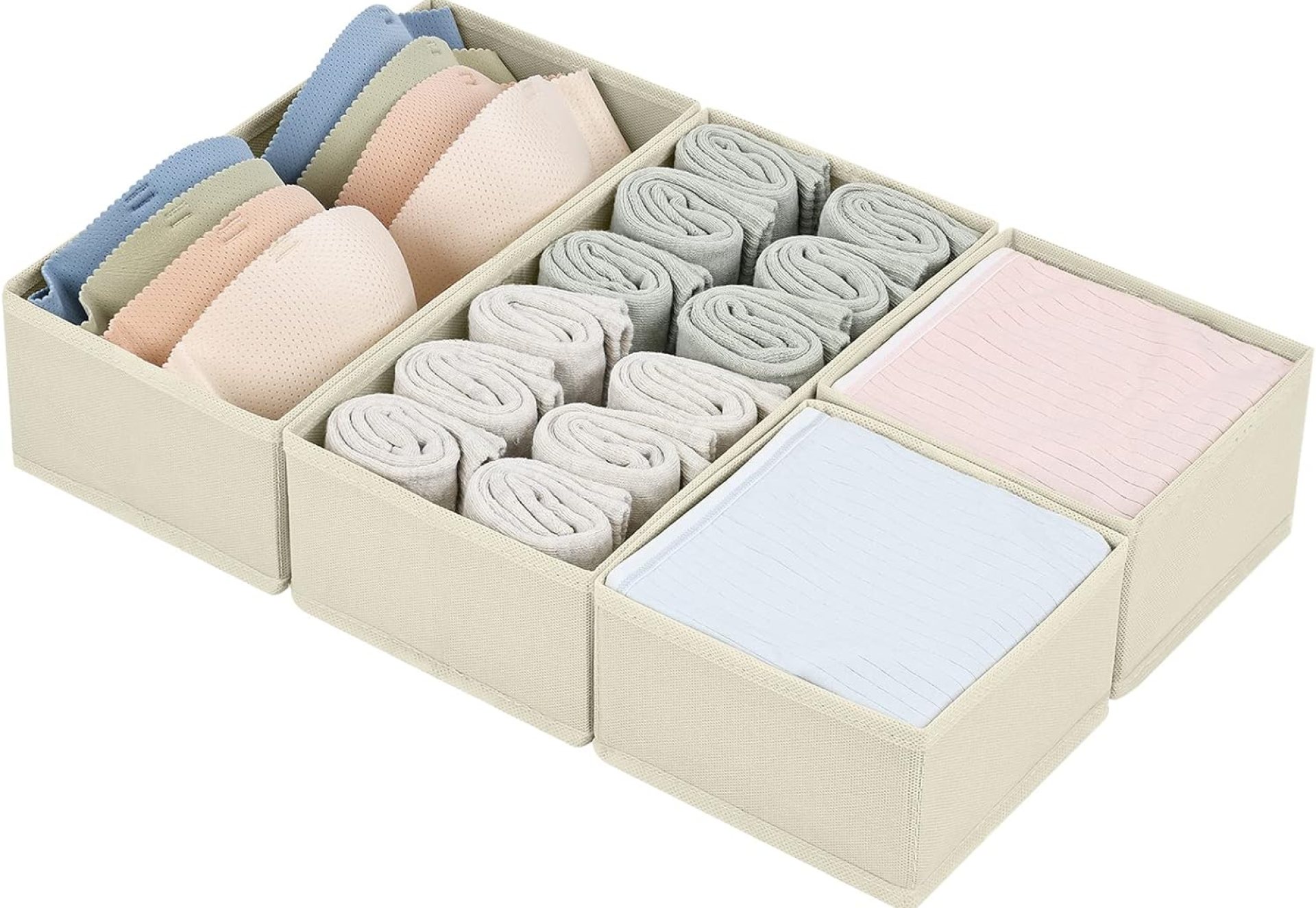 DIMJ Drawer Organizers Clothes, Set of 4 Dresser Organizer Bins, Fabric Closet Organizers and Storage, Shallow Drawer Dividers for Nursery, Clothing, Baby Clothes, Socks, Underwears, Tie (Beige) DIMJ Drawer Organizers Clothes, Set of 4 Dresser Organizer Bins, Fabric Closet Organizers and Storage, Shallow Drawer Dividers for Nursery, Clothing, Baby Clothes, Socks, Underwears, Tie (Beige)