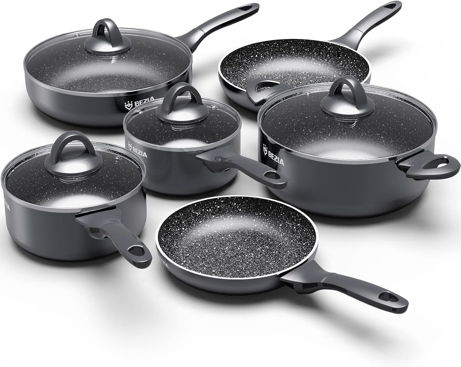 Induction Cookware Pots and Pans Set 10 Piece, BEZIA Dishwasher Safe Nonstick Cooking Pans, Stay-Cool Bakelite Handle, Scratch Resistant Kitchen Sets with Frying Pans, Saucepans & Stockpot (Black) Induction Cookware Pots and Pans Set 10 Piece, BEZIA Dishwasher Safe Nonstick Cooking Pans, Stay-Cool Bakelite Handle, Scratch Resistant Kitchen Sets with Frying Pans, Saucepans & Stockpot (Black)