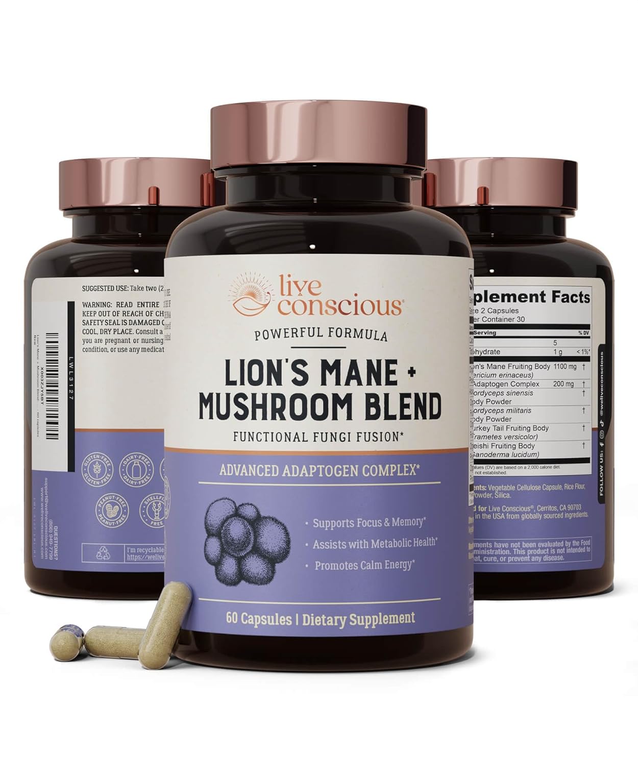 Live Conscious Lions Mane Mushroom Supplement Capsules for Brain Support w/Lion’s Mane, Cordyceps, Reishi, and Turkey Tail Mushrooms – Cognitive Memory Supplement for Brain Live Conscious Lions Mane Mushroom Supplement Capsules for Brain Support w/Lion’s Mane, Cordyceps, Reishi, and Turkey Tail Mushrooms – Cognitive Memory Supplement for Brain