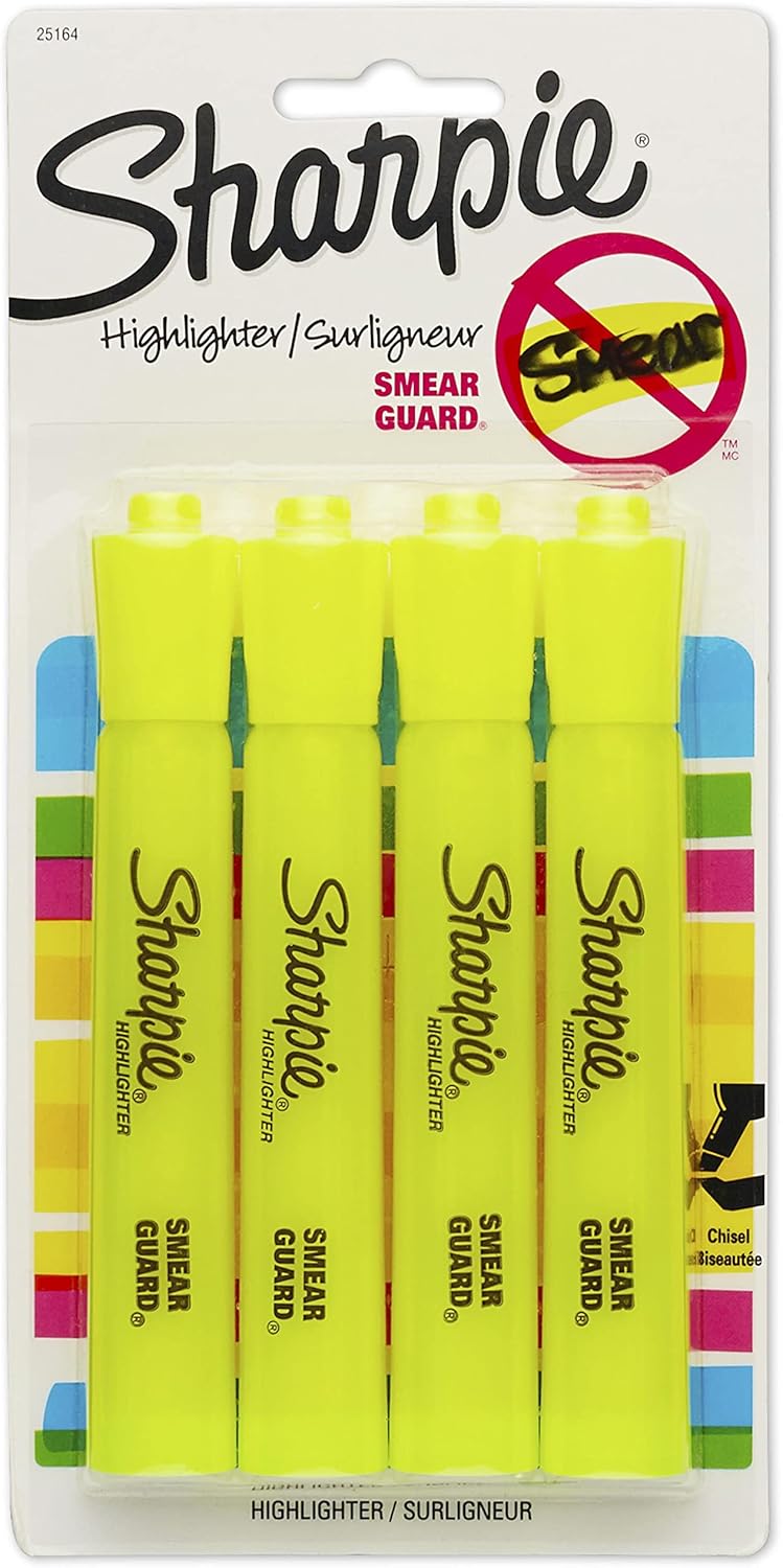 SHARPIE Tank Style Highlighters, Chisel Tip, Fluorescent Yellow, 4 Count SHARPIE Tank Style Highlighters, Chisel Tip, Fluorescent Yellow, 4 Count