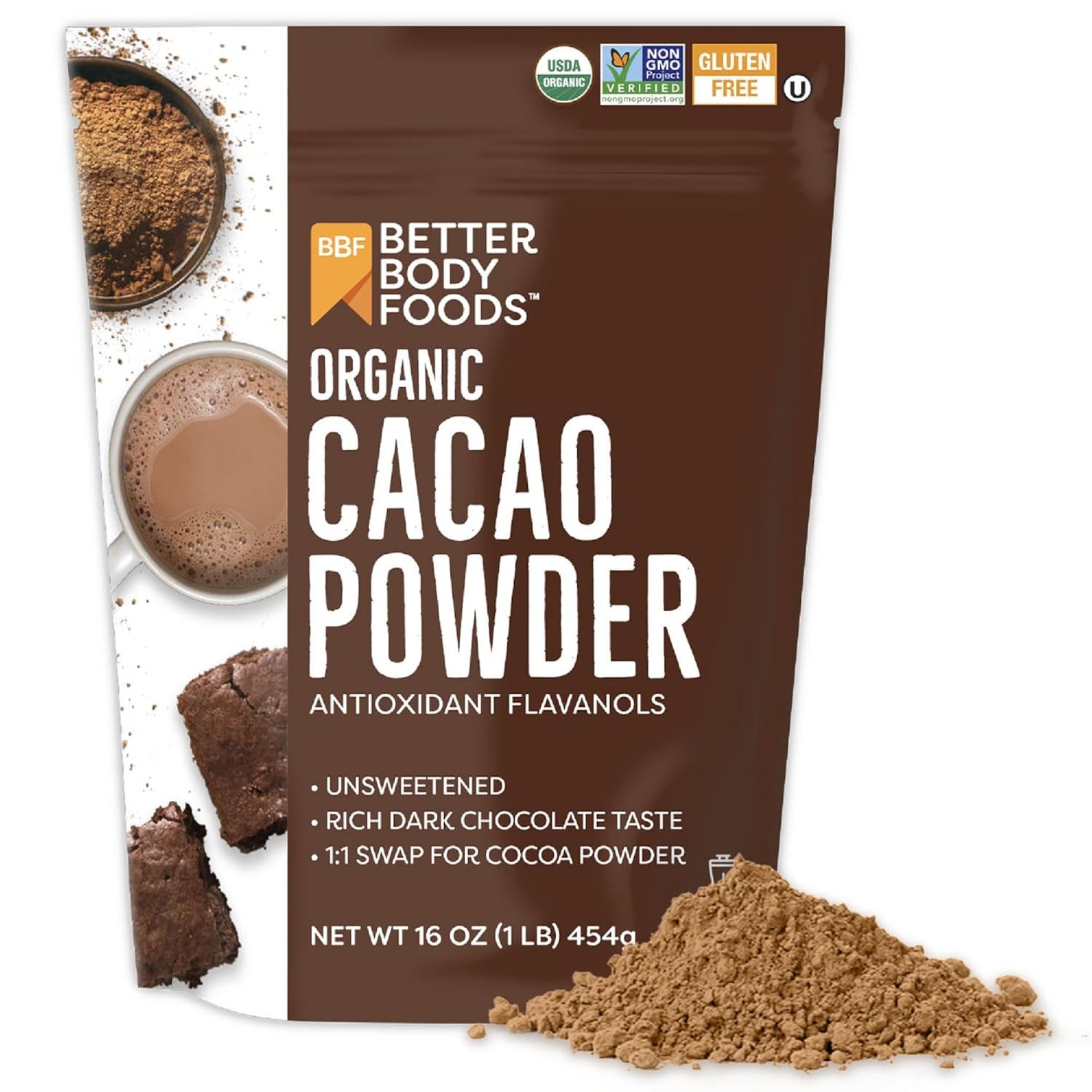 BetterBody Foods Organic Cacao Powder, Rich Chocolate Flavor, Non-GMO, Gluten-Free, Cocoa, 16 ounce, 1 lb bag BetterBody Foods Organic Cacao Powder, Rich Chocolate Flavor, Non-GMO, Gluten-Free, Cocoa, 16 ounce, 1 lb bag