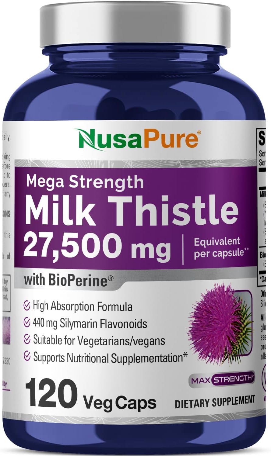 NusaPure Milk Thistle Extract 27,500mg 120 Veggie Capsules (50:1 Extract, Non-GMO, Vegan) Max Strength – Standardized 80% Silymarin, Bioperine NusaPure Milk Thistle Extract 27,500mg 120 Veggie Capsules (50:1 Extract, Non-GMO, Vegan) Max Strength – Standardized 80% Silymarin, Bioperine