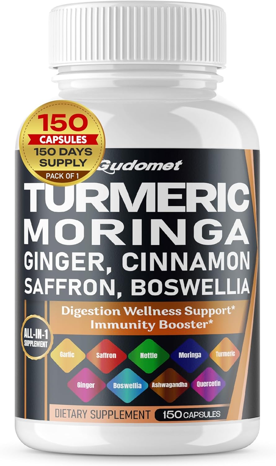Turmeric Moringa Ginger Boswellia Quercetin Cinnamon Saffron Tart Cherry Odorless Garlic Nettle -150 Capsules- Made in USA Turmeric Moringa Ginger Boswellia Quercetin Cinnamon Saffron Tart Cherry Odorless Garlic Nettle -150 Capsules- Made in USA