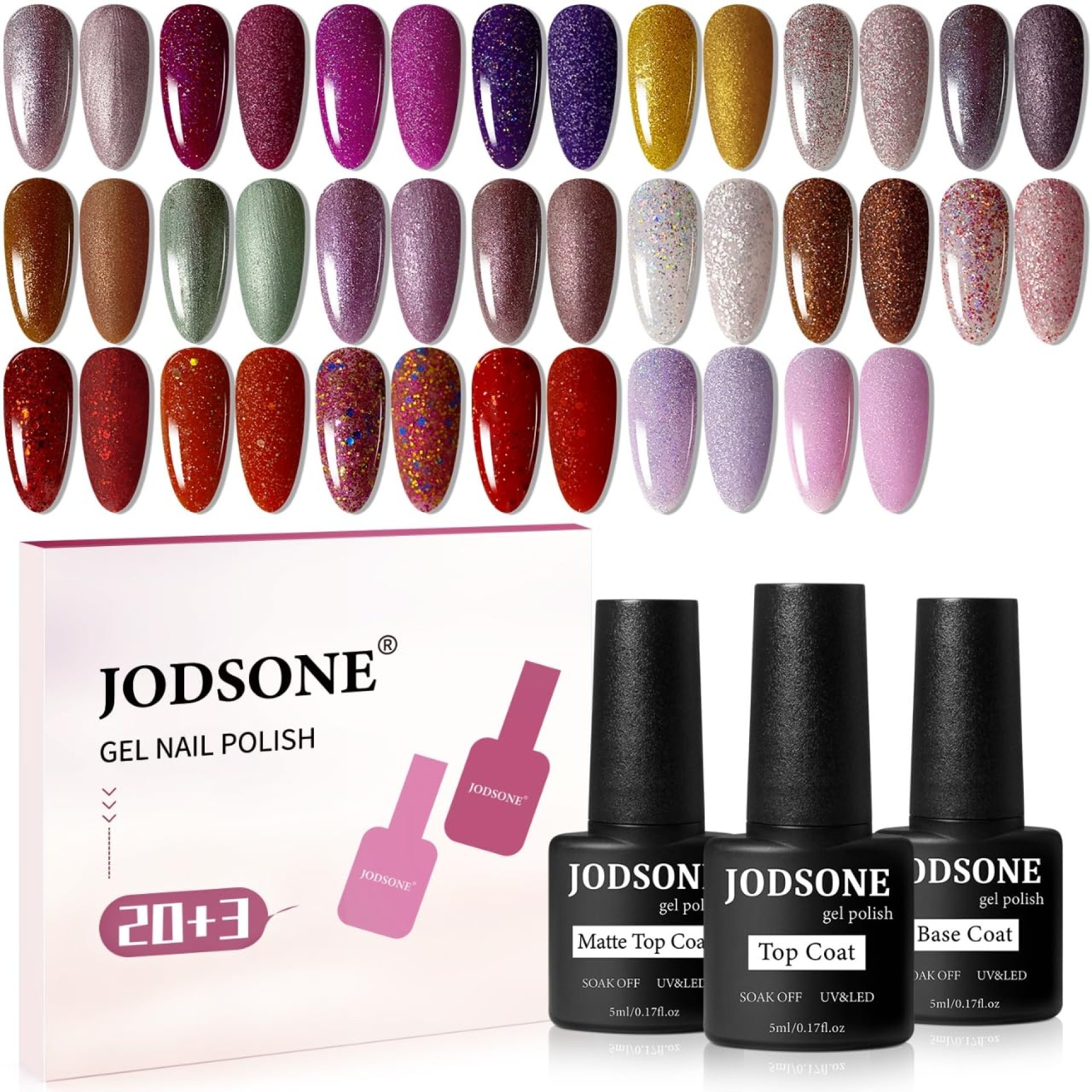 JODSONE 23 Bottles of Glitter Colorful and Elegant Gel Polish kit with 3 Bottles of Matte and Glossy Top Coat Base Coat Gel Nail Set JODSONE 23 Bottles of Glitter Colorful and Elegant Gel Polish kit with 3 Bottles of Matte and Glossy Top Coat Base Coat Gel Nail Set