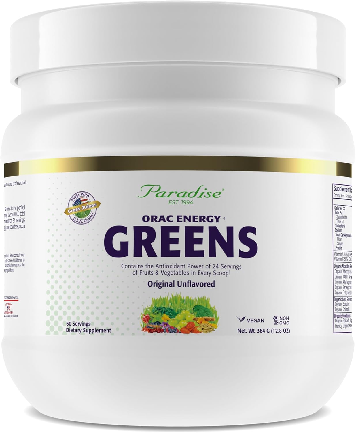 Paradise, ORAC Energy Greens Powder Extract, Super Antioxidants, Probiotics for Gut Health & Digestion, Vitamin C for Immunity, with Spirulina & Chlorella, Non-GMO, Gluten Free, 60 Servings Paradise, ORAC Energy Greens Powder Extract, Super Antioxidants, Probiotics for Gut Health & Digestion, Vitamin C for Immunity, with Spirulina & Chlorella, Non-GMO, Gluten Free, 60 Servings
