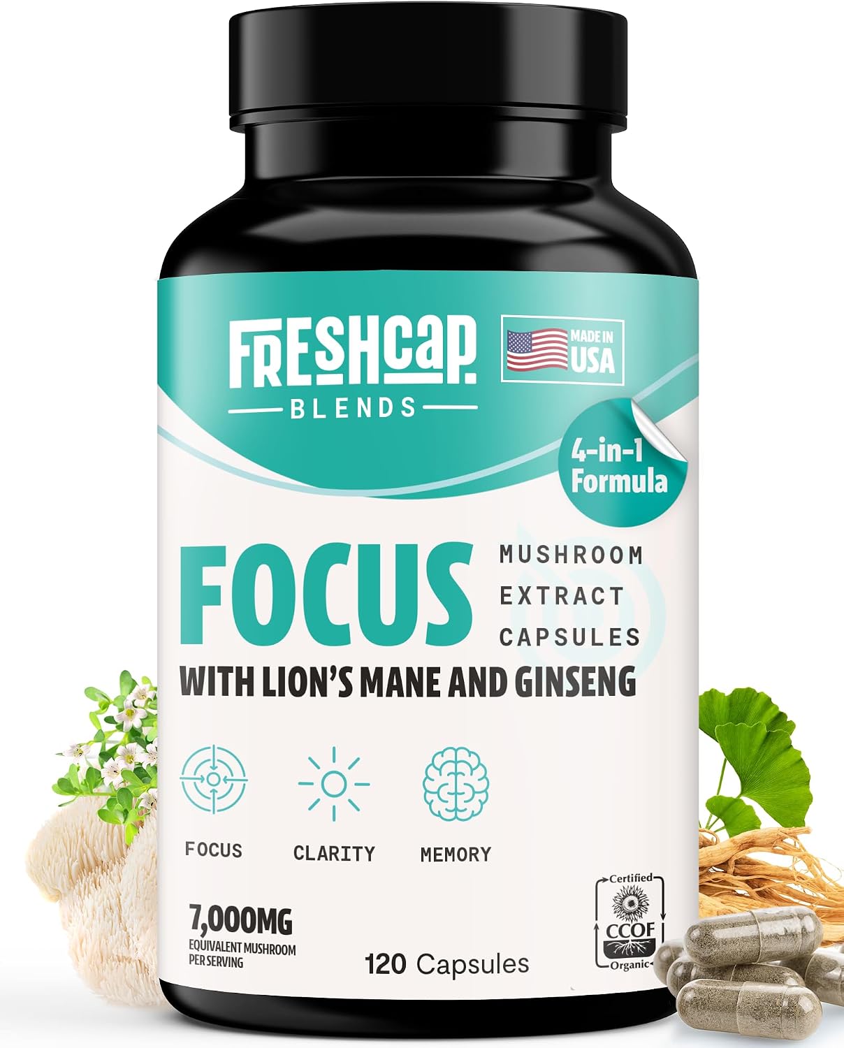 FreshCap 4-in-1 Focus Supplement – Supplements for Memory and Focus – Memory Supplement for Brain, Brain Booster Supplement, Lions Mane Extract, Ayurveda Ginseng (120 Capsules) FreshCap 4-in-1 Focus Supplement – Supplements for Memory and Focus – Memory Supplement for Brain, Brain Booster Supplement, Lions Mane Extract, Ayurveda Ginseng (120 Capsules)