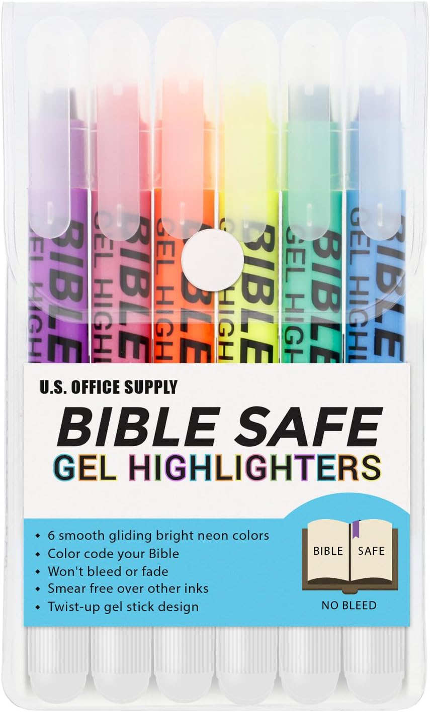 U.S. Office Supply Bible Safe Highlighter Set of 6 Bright Flouresent Colors, Dry Bible Highlighters No Bleed, Fade or Smear, Safe Gel Markers, Accessories, Study Guide U.S. Office Supply Bible Safe Highlighter Set of 6 Bright Flouresent Colors, Dry Bible Highlighters No Bleed, Fade or Smear, Safe Gel Markers, Accessories, Study Guide