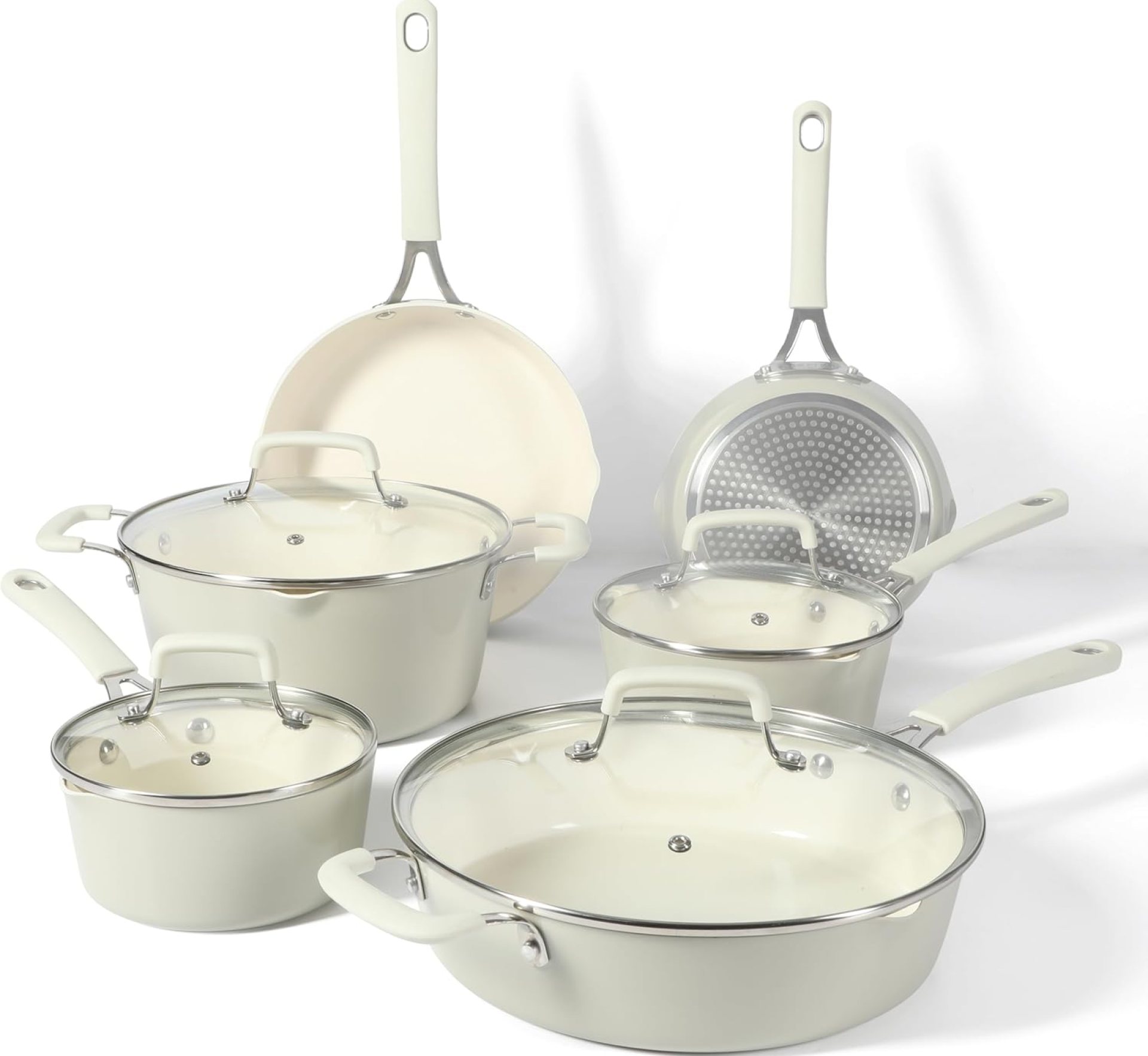 Martha Stewart Heathland Premium Nonstick PFA Free Ceramic Interior 10-Piece Tapered Aluminum Cookware Set – Linen White Martha Stewart Heathland Premium Nonstick PFA Free Ceramic Interior 10-Piece Tapered Aluminum Cookware Set – Linen White