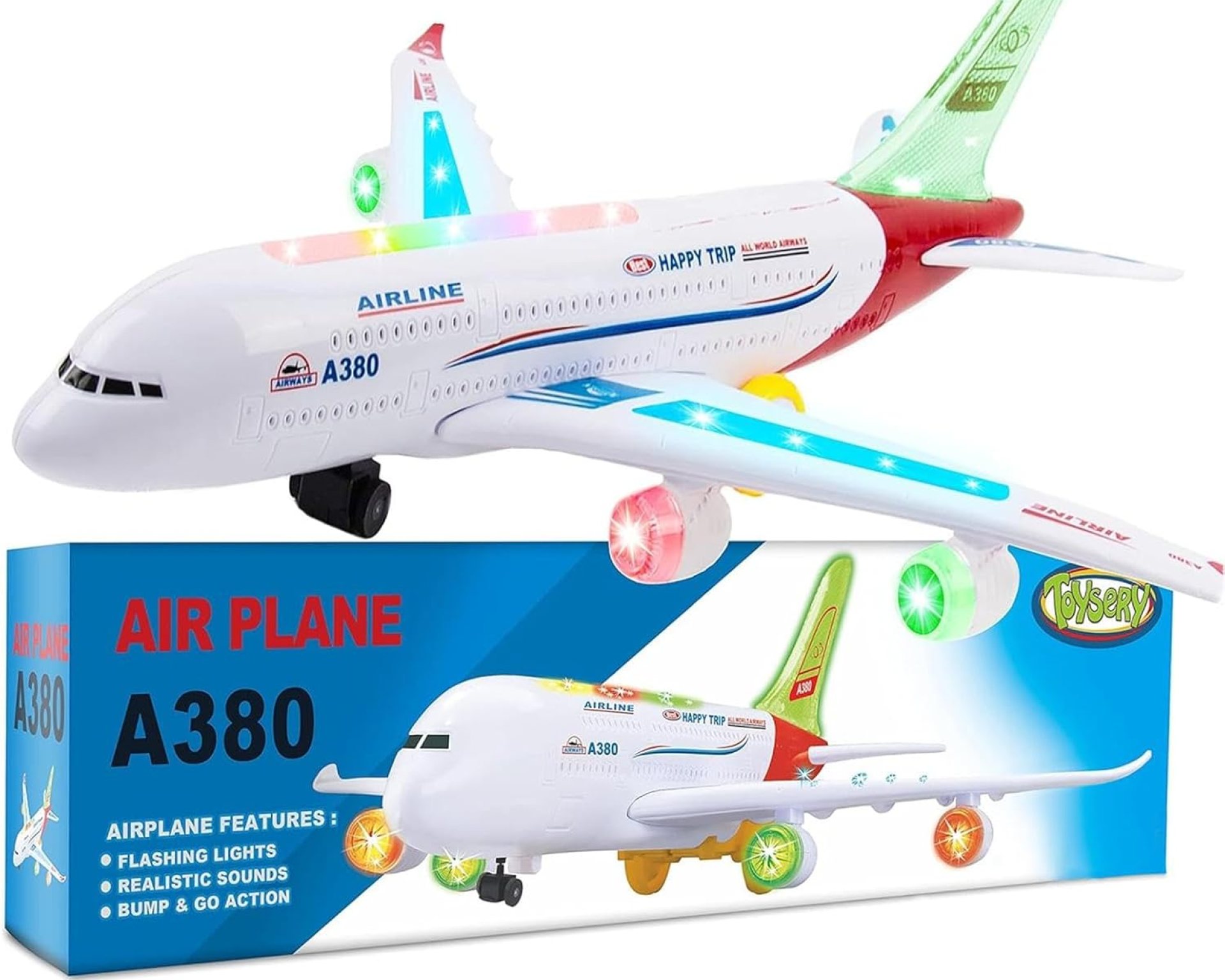 Toysery Airplane Toys for Kids, Bump and Go Action, Toddler Toy Plane with LED Flashing Lights and Sounds. Ideal for Boys & Girls 3-12 Years Old (Airbus A380) Toysery Airplane Toys for Kids, Bump and Go Action, Toddler Toy Plane with LED Flashing Lights and Sounds. Ideal for Boys & Girls 3-12 Years Old (Airbus A380)