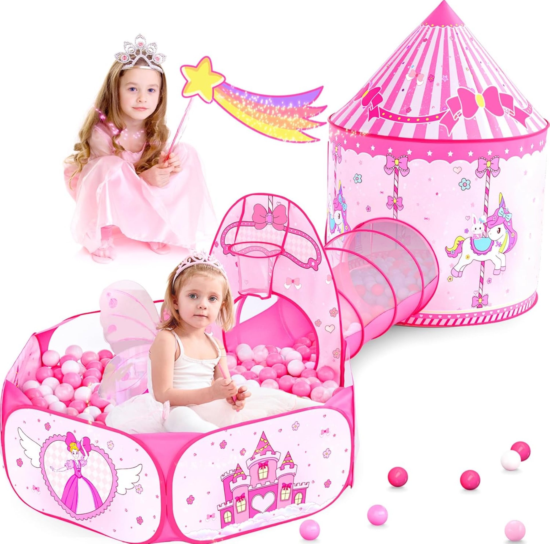 3 in 1 Girls Princess Play Tent for Kids: Pop Up Toddlers Playhouse with Baby Crawl Tunnel, Ball Pit and Castle Tent – Pink Children Play Tent Toys Indoor and Outdoor Game for Birthday Gift 3 in 1 Girls Princess Play Tent for Kids: Pop Up Toddlers Playhouse with Baby Crawl Tunnel, Ball Pit and Castle Tent – Pink Children Play Tent Toys Indoor and Outdoor Game for Birthday Gift