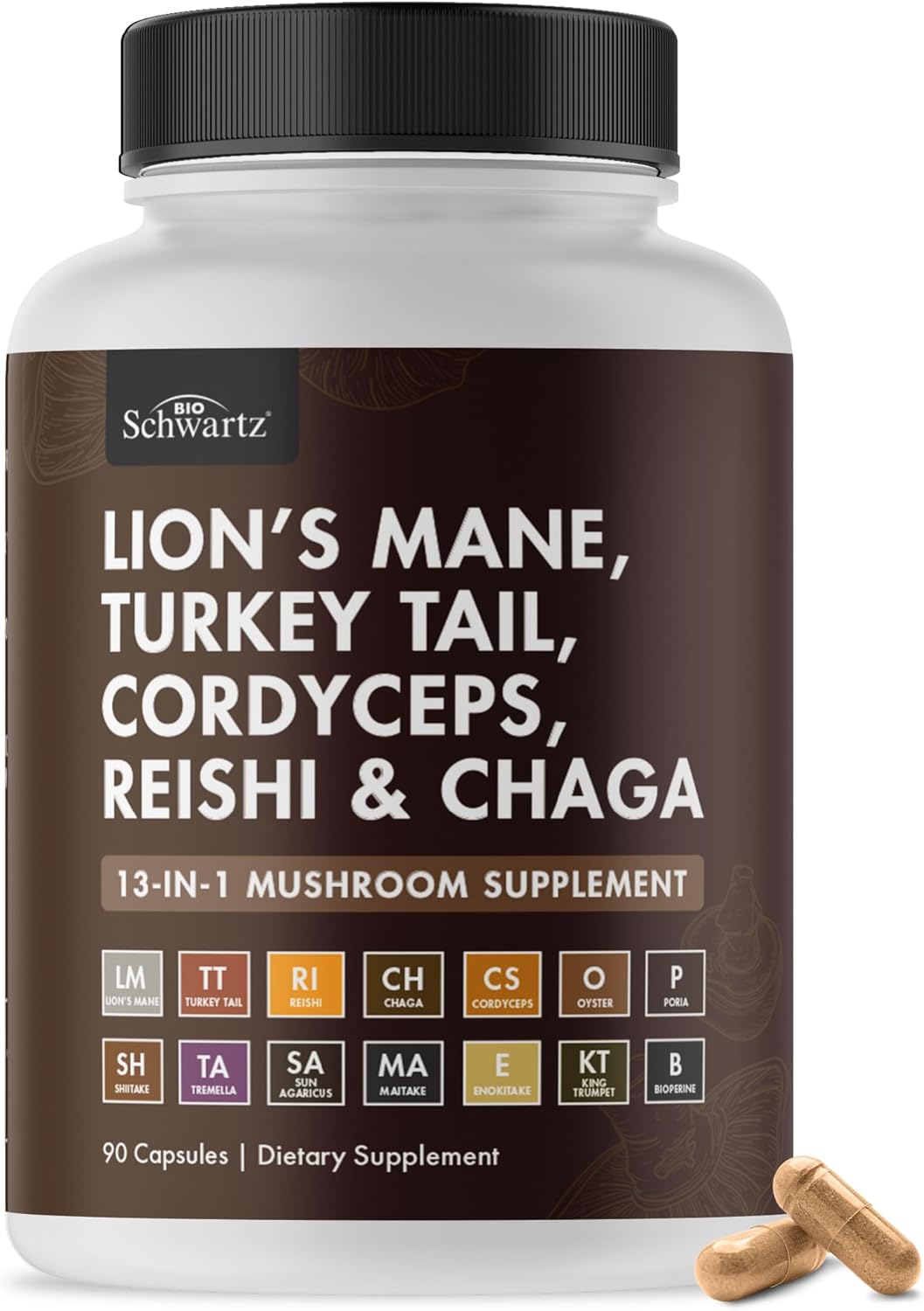 BioSchwartz Mushroom Complex – Organic Lions Mane Supplement Capsule with Reishi, Turkey Tail, Cordyceps, Shiitake, Chaga, Black Pepper for Max Absorption – Supports Energy, Focus, Memory, 90 Count BioSchwartz Mushroom Complex – Organic Lions Mane Supplement Capsule with Reishi, Turkey Tail, Cordyceps, Shiitake, Chaga, Black Pepper for Max Absorption – Supports Energy, Focus, Memory, 90 Count