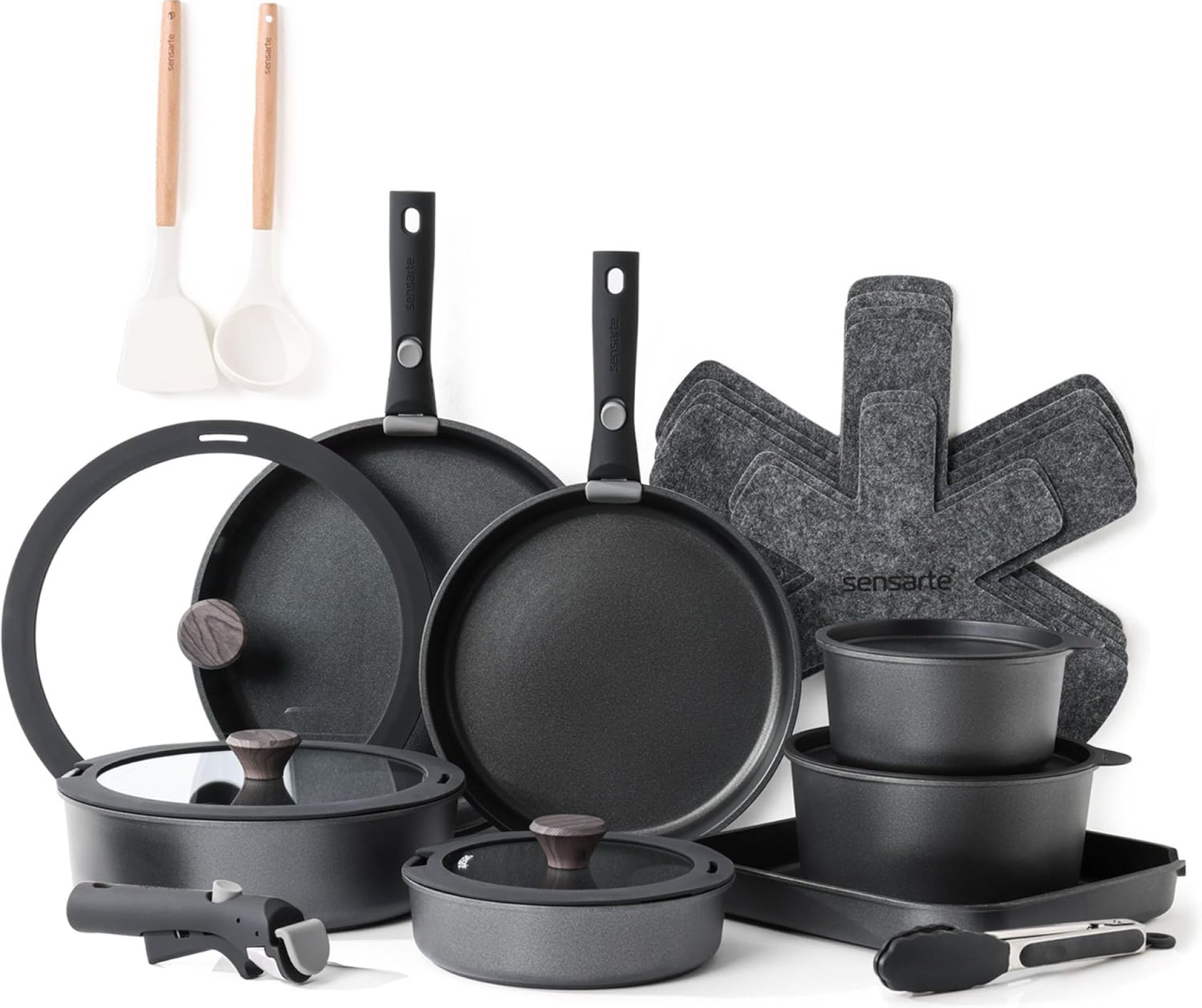 SENSARTE 24 Piece Pots and Pans Set, Nonstick Detachable Handle Cookware, Induction Kitchen Cookware Set with Removable Handle, Healthy Non Stick for RV, Dishwasher&Oven Safe (Black) SENSARTE 24 Piece Pots and Pans Set, Nonstick Detachable Handle Cookware, Induction Kitchen Cookware Set with Removable Handle, Healthy Non Stick for RV, Dishwasher&Oven Safe (Black)