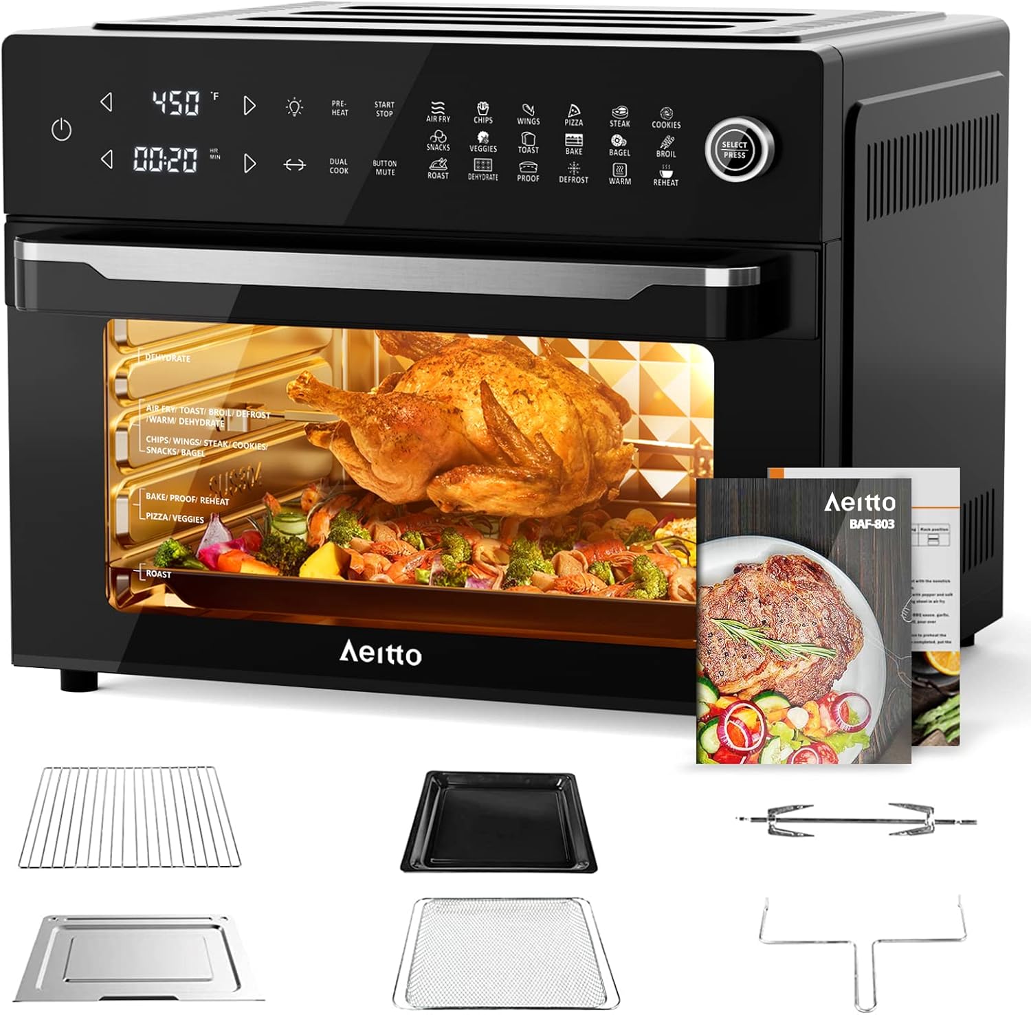 Aeitto® 32-Quart PRO Large Air Fryer Oven| Toaster Oven Combo | with Rotisserie, Dehydrator and Full Accessories | 19-In-1 Digital Airfryer | Fit 13″ Pizza, 9pcs Toast, 1800w, Black Aeitto® 32-Quart PRO Large Air Fryer Oven| Toaster Oven Combo | with Rotisserie, Dehydrator and Full Accessories | 19-In-1 Digital Airfryer | Fit 13″ Pizza, 9pcs Toast, 1800w, Black