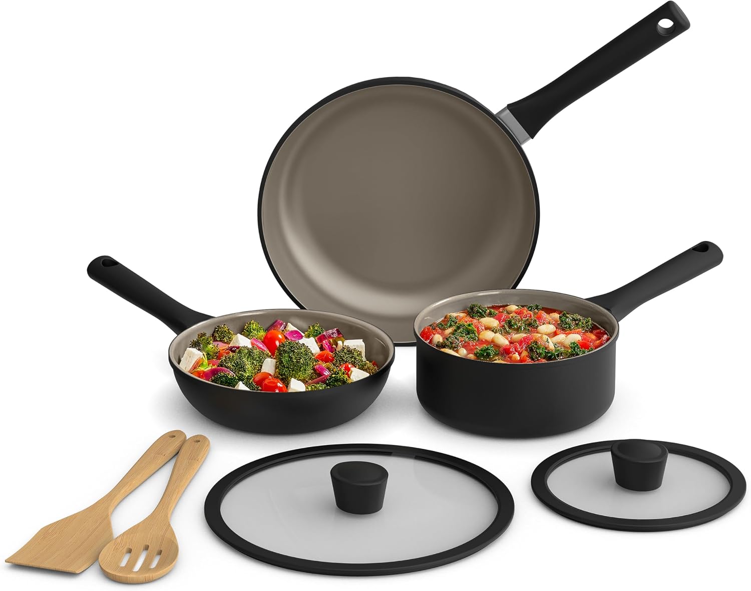 bella 7 Piece Cookware Set with EverGood™ Ceramic Nonstick Coating, Dishwasher Safe Oven Safe, All Stovetops Compatible, Glass Lids with Silicone Rims, Cool Touch Handles, Black bella 7 Piece Cookware Set with EverGood™ Ceramic Nonstick Coating, Dishwasher Safe Oven Safe, All Stovetops Compatible, Glass Lids with Silicone Rims, Cool Touch Handles, Black