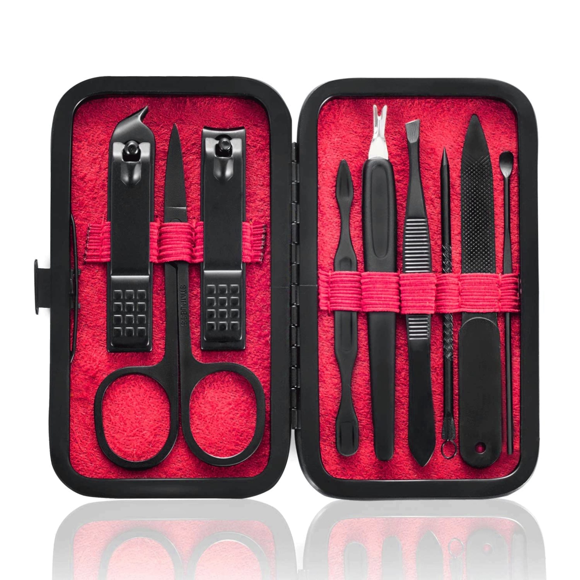 Manicure Set 9 in 1 Stainless Steel, Nail Clippers Scissors Pedicure Tools Kit – Portable Travel Grooming Kit for Men and Women with Black/Red Leather Case (Red) Manicure Set 9 in 1 Stainless Steel, Nail Clippers Scissors Pedicure Tools Kit – Portable Travel Grooming Kit for Men and Women with Black/Red Leather Case (Red)