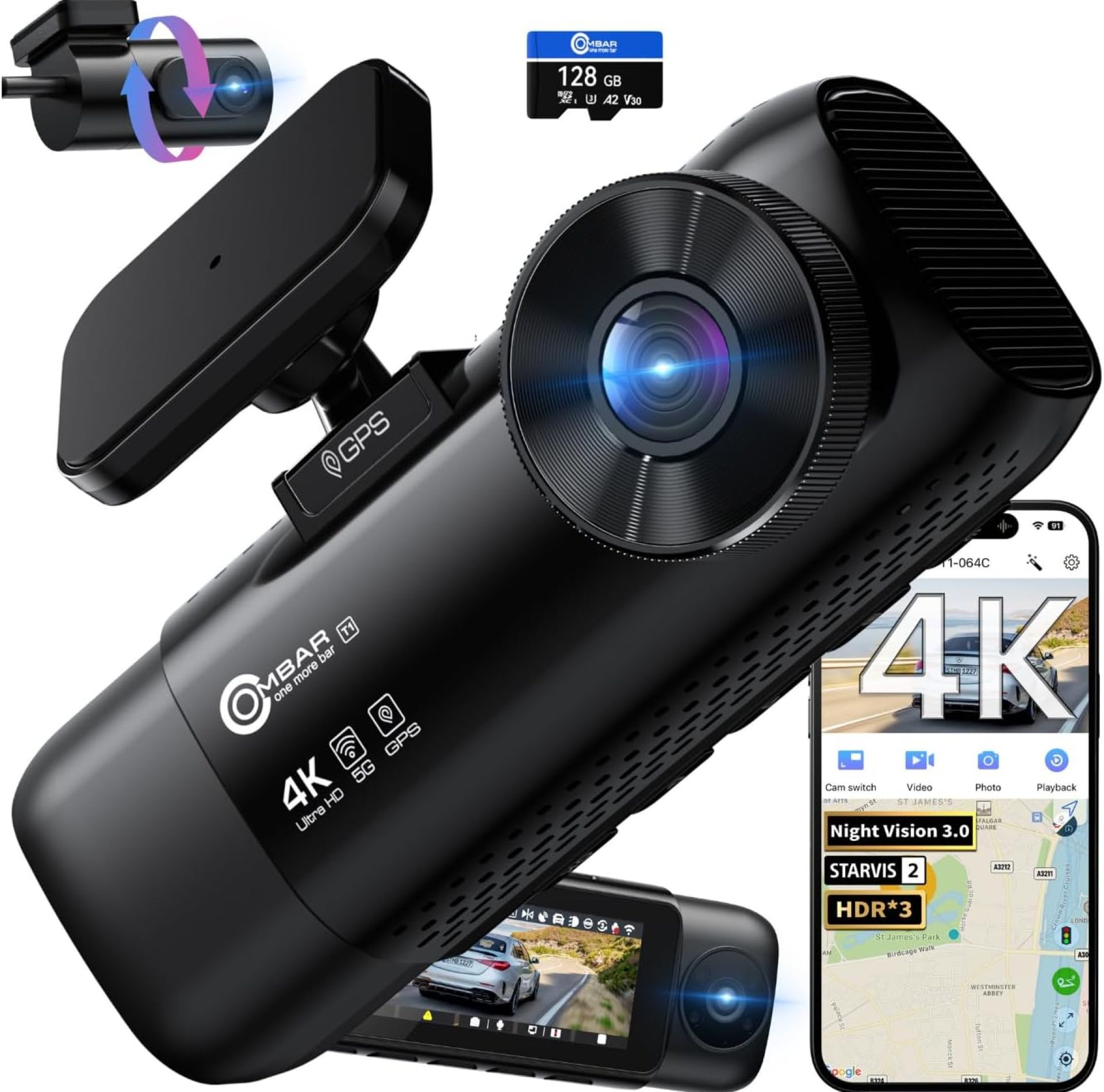 OMBAR T1 4K 3 Channel Dash Cam, STARVIS 2 IMX678 Sensors, Free 128GB Card, 2025 New Full Color HDR Night Vision, 4K+1080P+1080P Triple Car Camera,5G WiFi, 24H Parking Mode, Support 512GB Max OMBAR T1 4K 3 Channel Dash Cam, STARVIS 2 IMX678 Sensors, Free 128GB Card, 2025 New Full Color HDR Night Vision, 4K+1080P+1080P Triple Car Camera,5G WiFi, 24H Parking Mode, Support 512GB Max