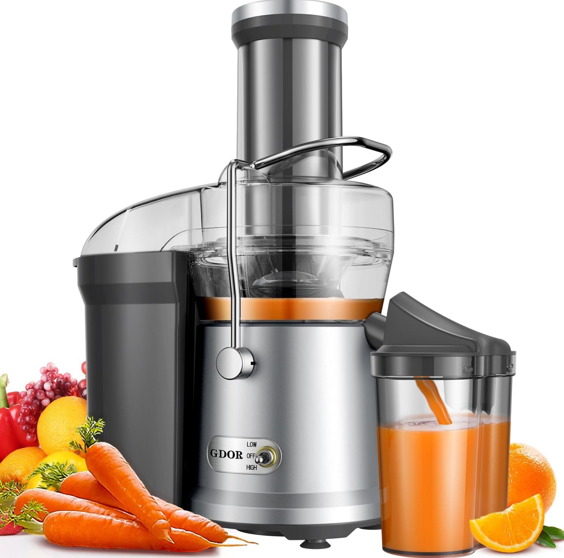 GDOR 1200W Juicer, 3.2″ Wide Chute, Titanium-Enhanced Blade, Heavy-Duty Copper Motor, Dual Speed Centrifugal Juice Extractor, BPA-Free, Silver GDOR 1200W Juicer, 3.2″ Wide Chute, Titanium-Enhanced Blade, Heavy-Duty Copper Motor, Dual Speed Centrifugal Juice Extractor, BPA-Free, Silver