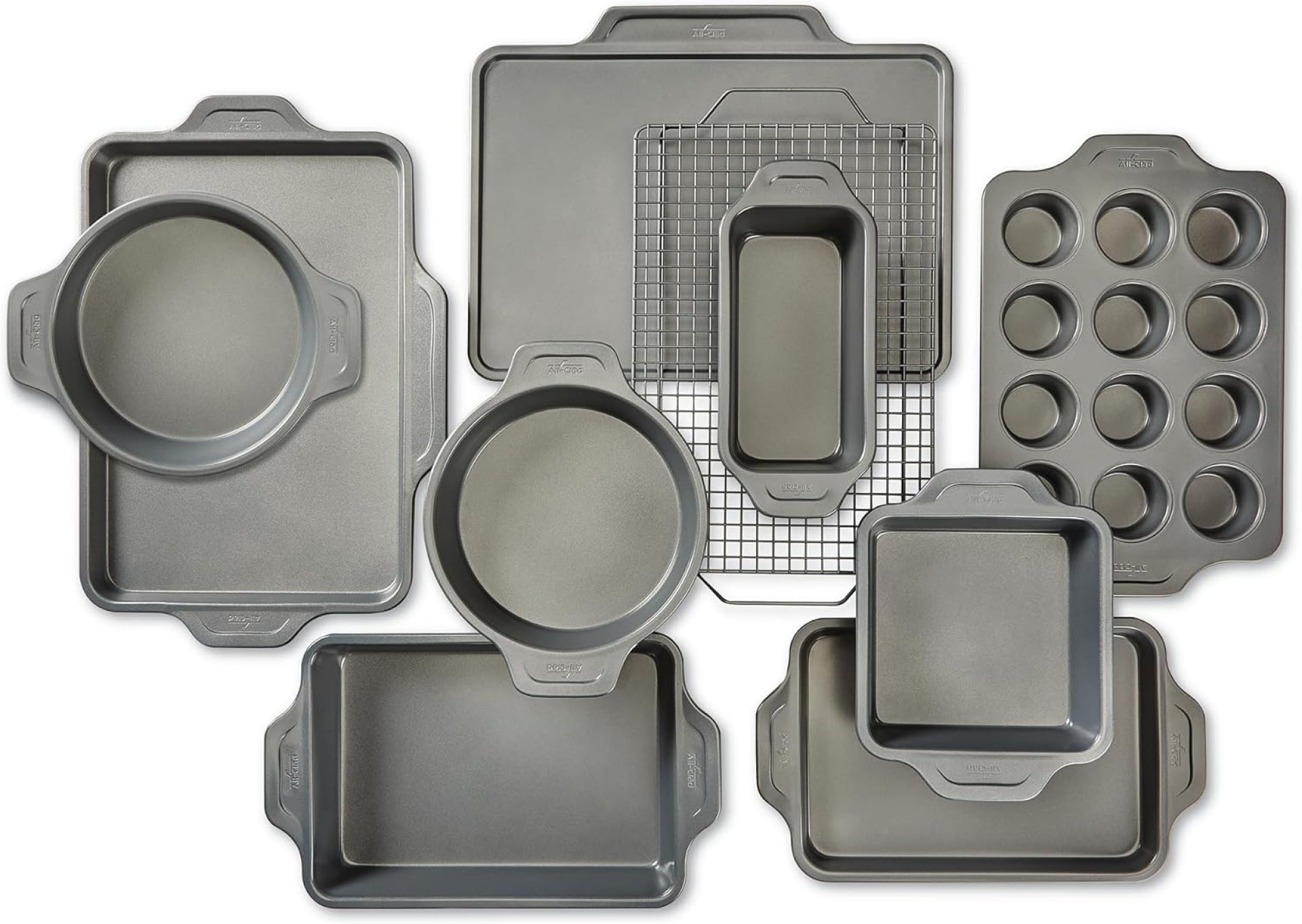 All-Clad Pro-Release Nonstick Bakeware Set 10 Piece Oven Safe 450F Half Sheet, Cookie Sheet, Muffin Pan, Cooling & Baking Rack, Round Cake Pan, Loaf Pan, Baking Pan Grey All-Clad Pro-Release Nonstick Bakeware Set 10 Piece Oven Safe 450F Half Sheet, Cookie Sheet, Muffin Pan, Cooling & Baking Rack, Round Cake Pan, Loaf Pan, Baking Pan Grey
