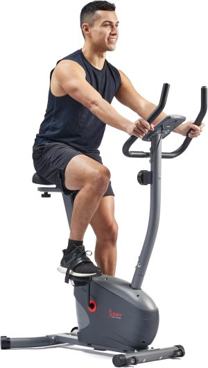Sunny Health & Fitness Stationary Exercise Upright Bike w/Pulse Sensor & 4-Way Adjustable Seat, Cycling Machine for Home Cardio Training, Optional Resistance Bands and Free SunnyFit App Bluetooth Link