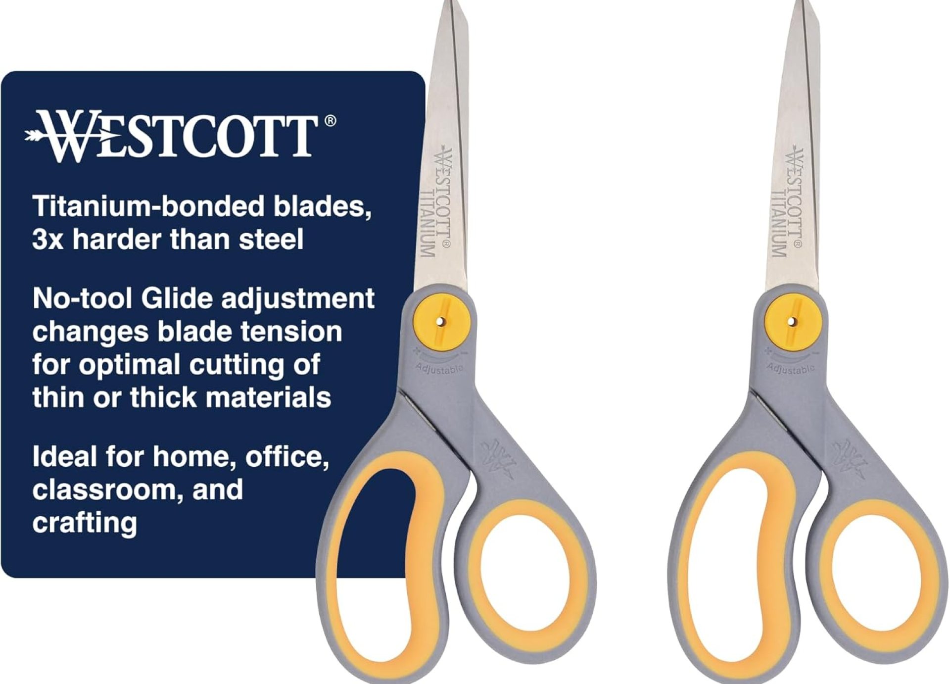 Westcott 8-Inch Titanium-Bonded Scissors with Adjustable Glide Feature for Office and Home – Gray/Yellow, 2-Pack Westcott 8-Inch Titanium-Bonded Scissors with Adjustable Glide Feature for Office and Home – Gray/Yellow, 2-Pack