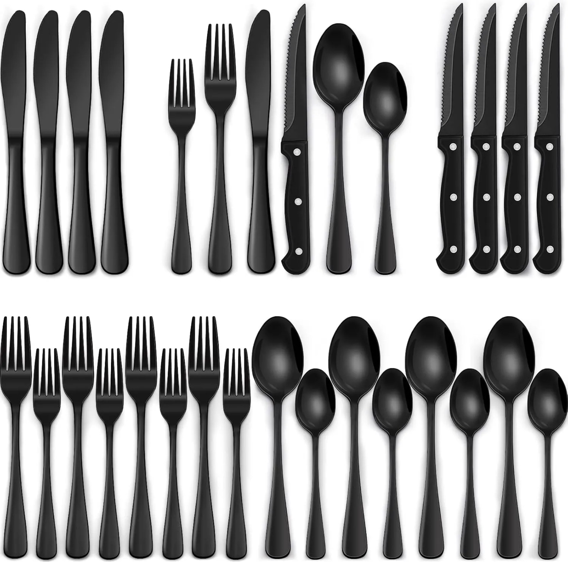 24-Piece Black Silverware Set with Steak Knives, Black Flatware Set for 4, Food-Grade Stainless Steel Tableware Cutlery Set, Mirror Finished Utensil Sets for Home Restaurant 24-Piece Black Silverware Set with Steak Knives, Black Flatware Set for 4, Food-Grade Stainless Steel Tableware Cutlery Set, Mirror Finished Utensil Sets for Home Restaurant