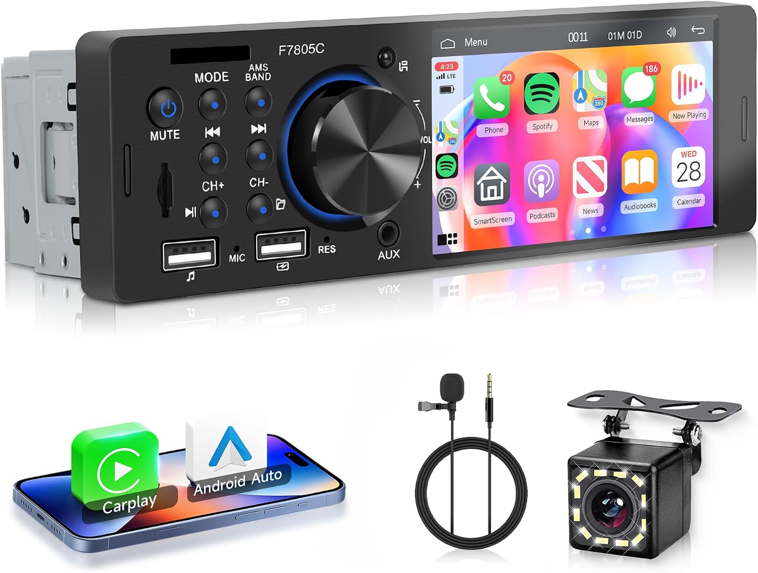 Single Din Car Stereo Carplay Android Auto Mirror Link, Rimoody 4″ Touch Screen Car Radio with Bluetooth 5.1 FM/RDS, EQ USB/AUX/TF, SWC, MIC, Car Audio Receiver with Backup Camera Single Din Car Stereo Carplay Android Auto Mirror Link, Rimoody 4″ Touch Screen Car Radio with Bluetooth 5.1 FM/RDS, EQ USB/AUX/TF, SWC, MIC, Car Audio Receiver with Backup Camera