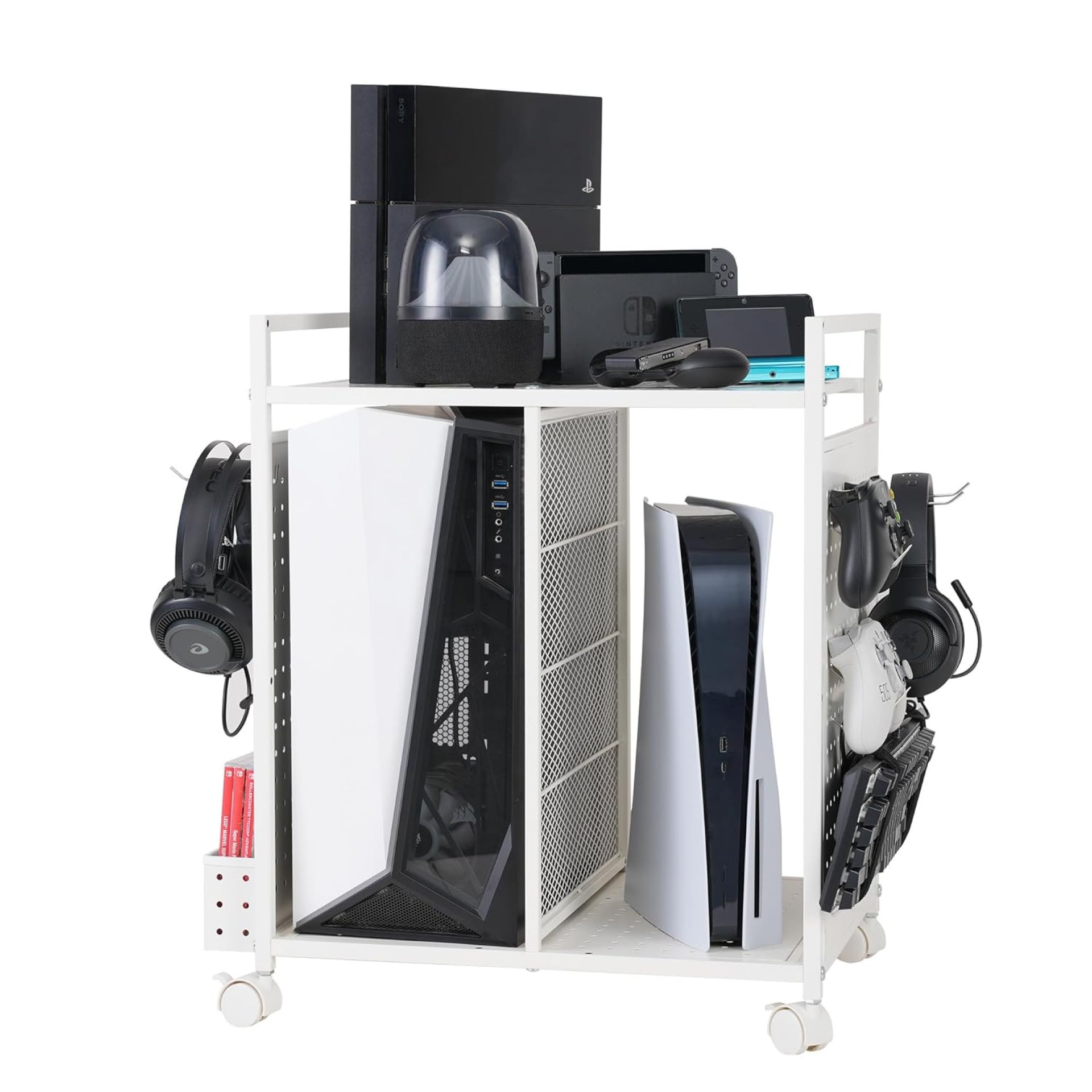 PLKOW Video Game Storage Rack, Game Storage Organizer for Consoles, Controllers, Headphones PS5 PS4 Xbox Switch Nintendo Accessories, Rolling PS5 Console Stand, Perfect Holiday Present, White PLKOW Video Game Storage Rack, Game Storage Organizer for Consoles, Controllers, Headphones PS5 PS4 Xbox Switch Nintendo Accessories, Rolling PS5 Console Stand, Perfect Holiday Present, White