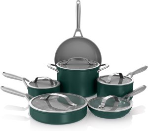 Ninja Ceramic Pro 11-Piece Cookware Set, Non-Stick Pots & Pans Set with Glass Lids, PTFE Free, Ceramic Coated, Oven Safe, All Stovetops & Induction Compatible, British Racing Green, CW39011GN