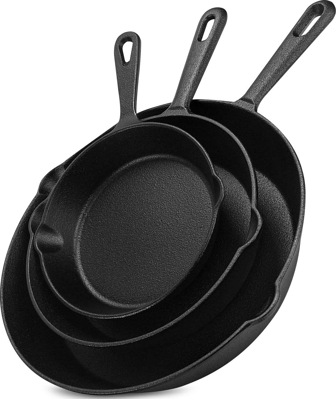 Utopia Kitchen Cast iron Skillets 3 Piece Set, Chefs Pan, Pre Seasoned Cast iron Skillets, 6, 8 & 10 Inches, Easy Use in the Oven, Stove, Grill, or Campfire, Black Utopia Kitchen Cast iron Skillets 3 Piece Set, Chefs Pan, Pre Seasoned Cast iron Skillets, 6, 8 & 10 Inches, Easy Use in the Oven, Stove, Grill, or Campfire, Black
