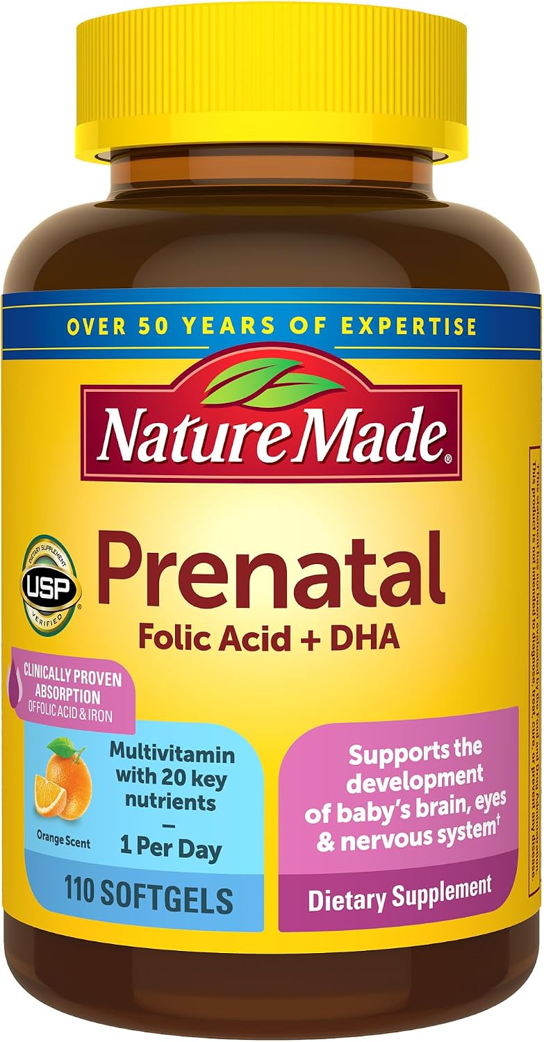 Nature Made Prenatal with Folic Acid + DHA, Prenatal Vitamin and Mineral Supplement for Daily Nutritional Support, 110 Softgels, 110 Day Supply Nature Made Prenatal with Folic Acid + DHA, Prenatal Vitamin and Mineral Supplement for Daily Nutritional Support, 110 Softgels, 110 Day Supply