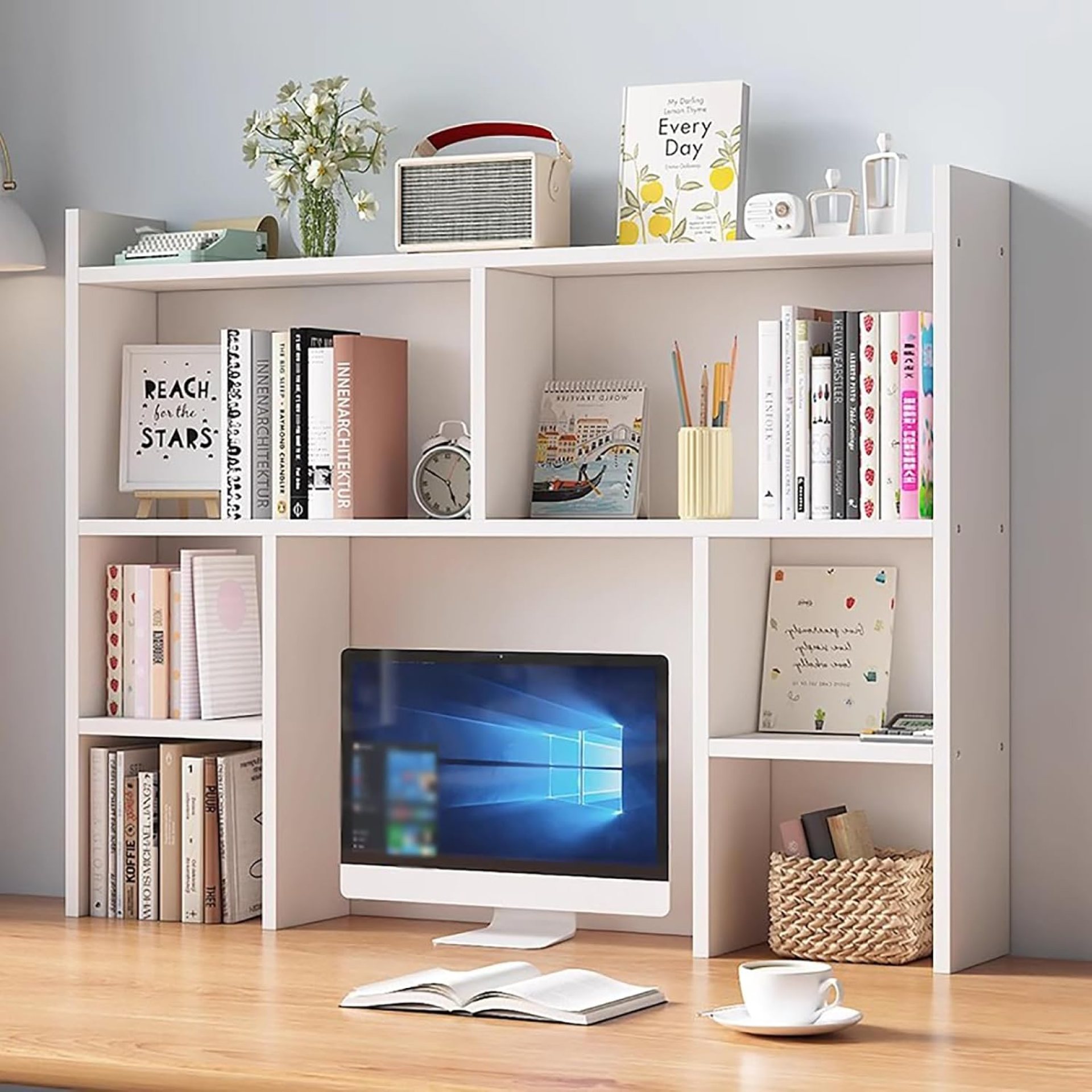 4-Tier Desk Hutch White,Wooden Dorm Desktop Bookshelf with Storage Display Rack,Freestanding Bookcase for Computer Desk,Desk Top Organizer Shelf for Home Office(39.4″W×7.9″D×35.4″H, White) 4-Tier Desk Hutch White,Wooden Dorm Desktop Bookshelf with Storage Display Rack,Freestanding Bookcase for Computer Desk,Desk Top Organizer Shelf for Home Office(39.4″W×7.9″D×35.4″H, White)
