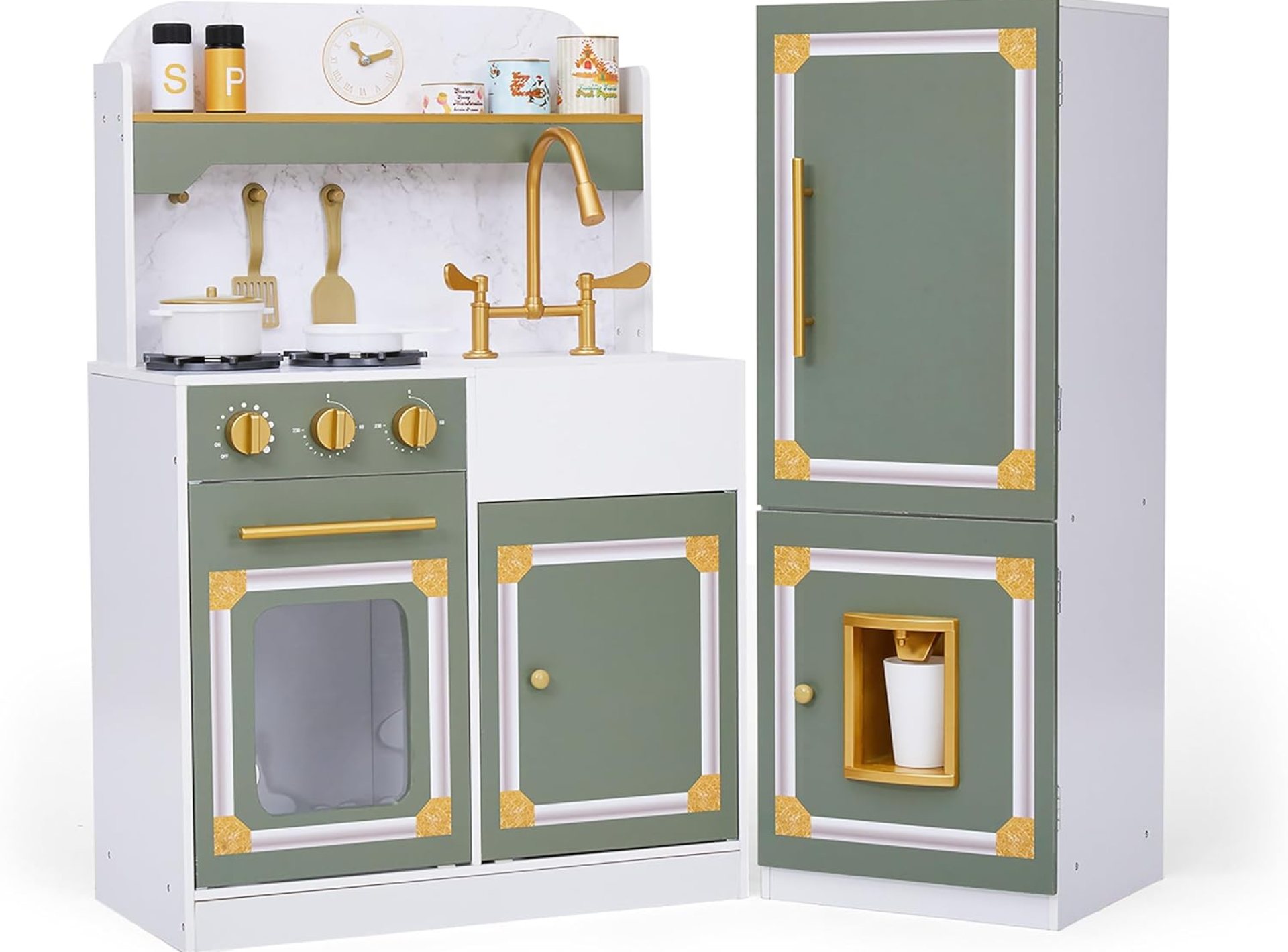 Teamson Kids Versailles Wooden Deluxe Play Kitchen Set Plus Refrigerator with Ice Dispenser and 15 Cookware Accessories, Olive Green Teamson Kids Versailles Wooden Deluxe Play Kitchen Set Plus Refrigerator with Ice Dispenser and 15 Cookware Accessories, Olive Green