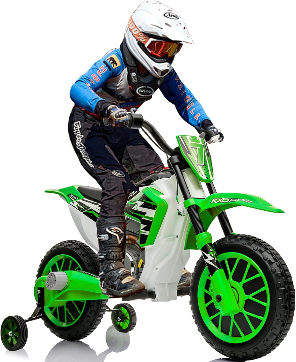JOYLDIAS Kids Motorcycle Dirt Bike, 12V7AH Battery-Powered Ride On Motorcycle for Kids, Off-Road Street Bike w/Training Wheels, Spring Suspension, High/Low Speeds, Green JOYLDIAS Kids Motorcycle Dirt Bike, 12V7AH Battery-Powered Ride On Motorcycle for Kids, Off-Road Street Bike w/Training Wheels, Spring Suspension, High/Low Speeds, Green