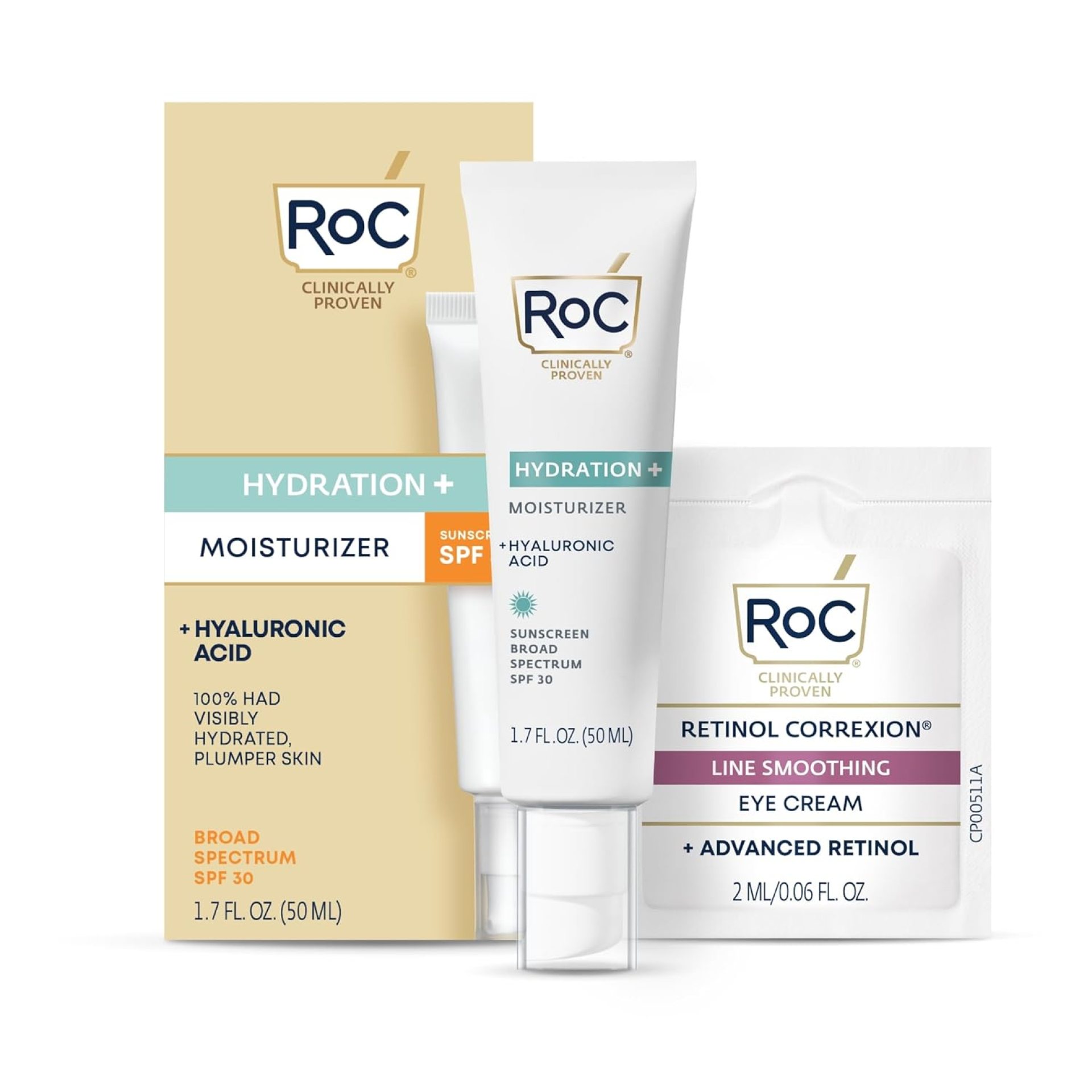 RoC Multi Correxion 1.5% Pure Hyaluronic Acid Anti Aging Daily Face Moisturizer with Broad Spectrum Sunscreen SPF 30 (1.7 oz) with Retinol Eye Cream Packette (Packaging May Vary) RoC Multi Correxion 1.5% Pure Hyaluronic Acid Anti Aging Daily Face Moisturizer with Broad Spectrum Sunscreen SPF 30 (1.7 oz) with Retinol Eye Cream Packette (Packaging May Vary)