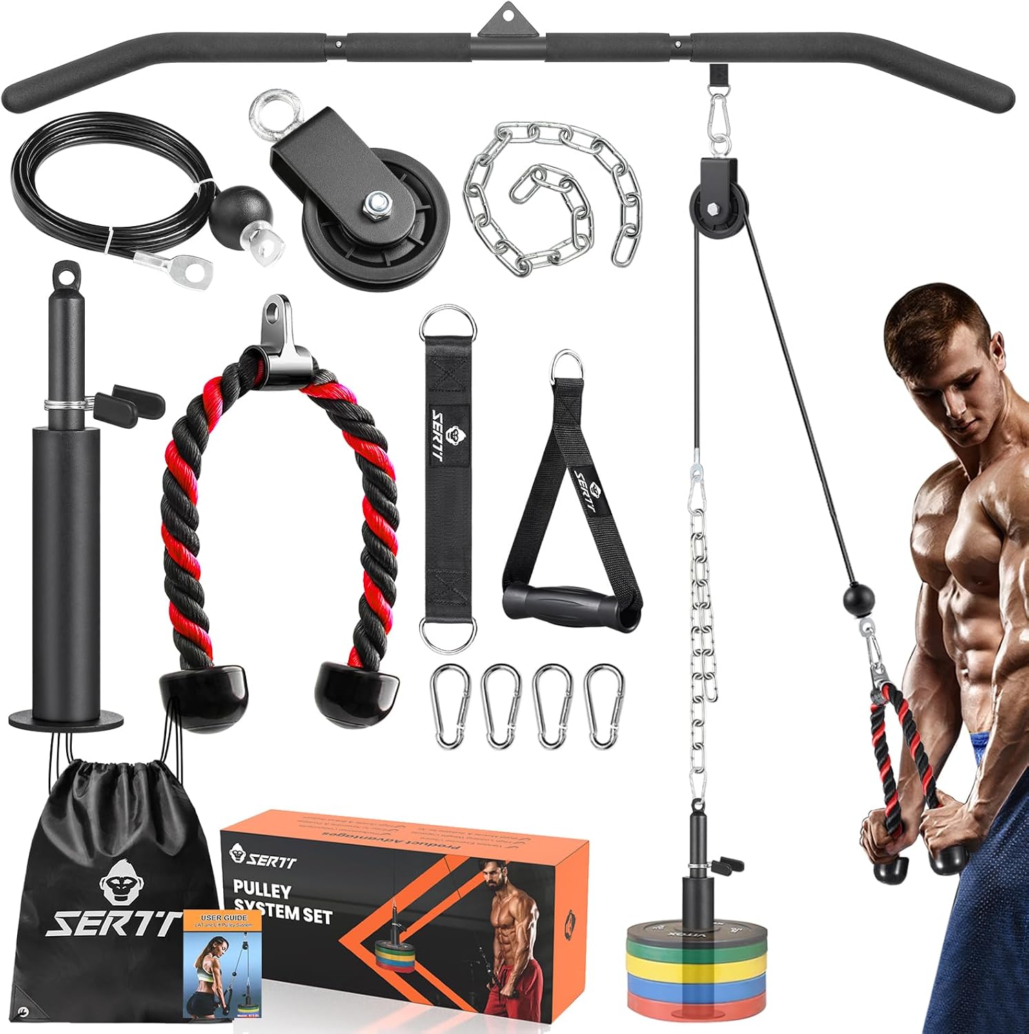 SERTT Cable Pulley System Gym, Power Rack Pulley Attachment with 2-in-1 LAT Pull Down Bar and Upgraded Loading Pin,Used for Triceps Pulldown, Biceps, Back, Shoulder SERTT Cable Pulley System Gym, Power Rack Pulley Attachment with 2-in-1 LAT Pull Down Bar and Upgraded Loading Pin,Used for Triceps Pulldown, Biceps, Back, Shoulder