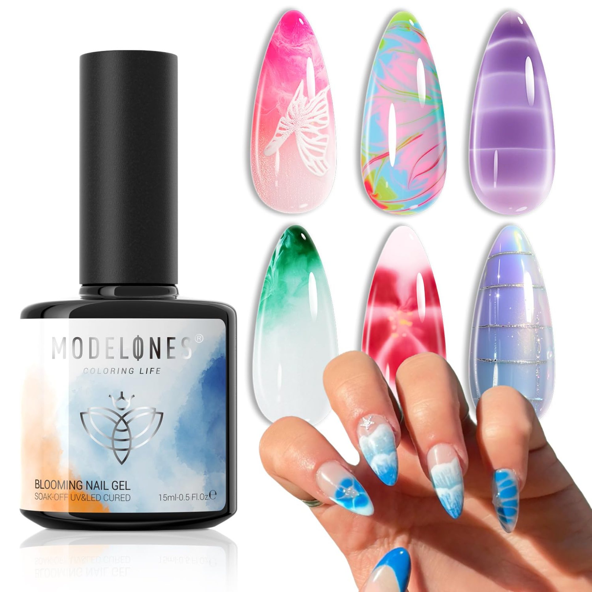 modelones Blooming Gel Nail Polish, 15 ml Clear Nail Art Accessories Stuff for Spreading Effects, Floral Print, Marble, Watercolor Design modelones Blooming Gel Nail Polish, 15 ml Clear Nail Art Accessories Stuff for Spreading Effects, Floral Print, Marble, Watercolor Design