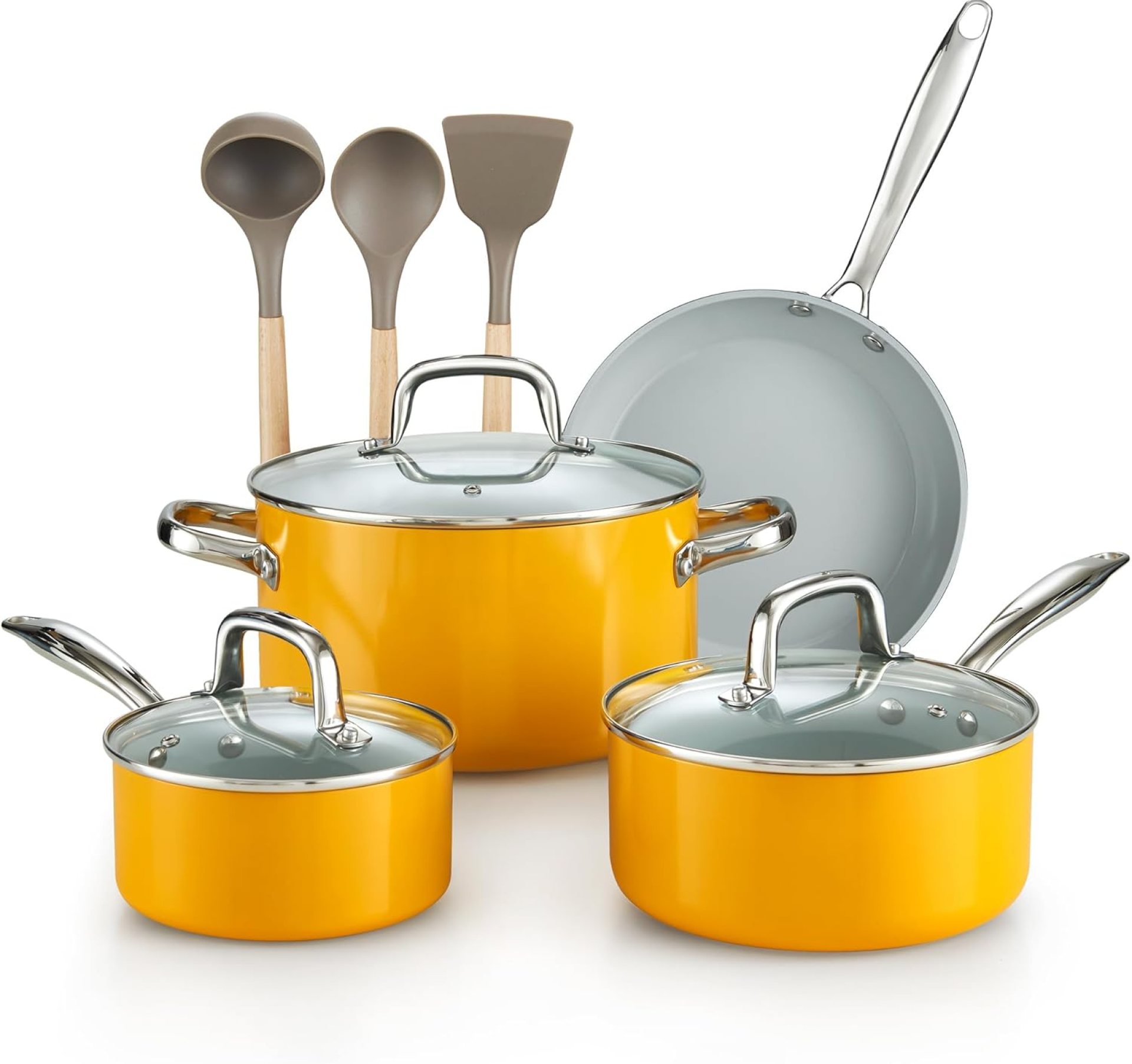 Cook N Home Pots and Pans Set Non Stick, 10-Piece Hard Anodized Nonstick Ceramic Cookware Set, Induction Cookware Cooking Set with Stay-Cool Handles, Nylon Kitchen Utensils, Yellow Cook N Home Pots and Pans Set Non Stick, 10-Piece Hard Anodized Nonstick Ceramic Cookware Set, Induction Cookware Cooking Set with Stay-Cool Handles, Nylon Kitchen Utensils, Yellow