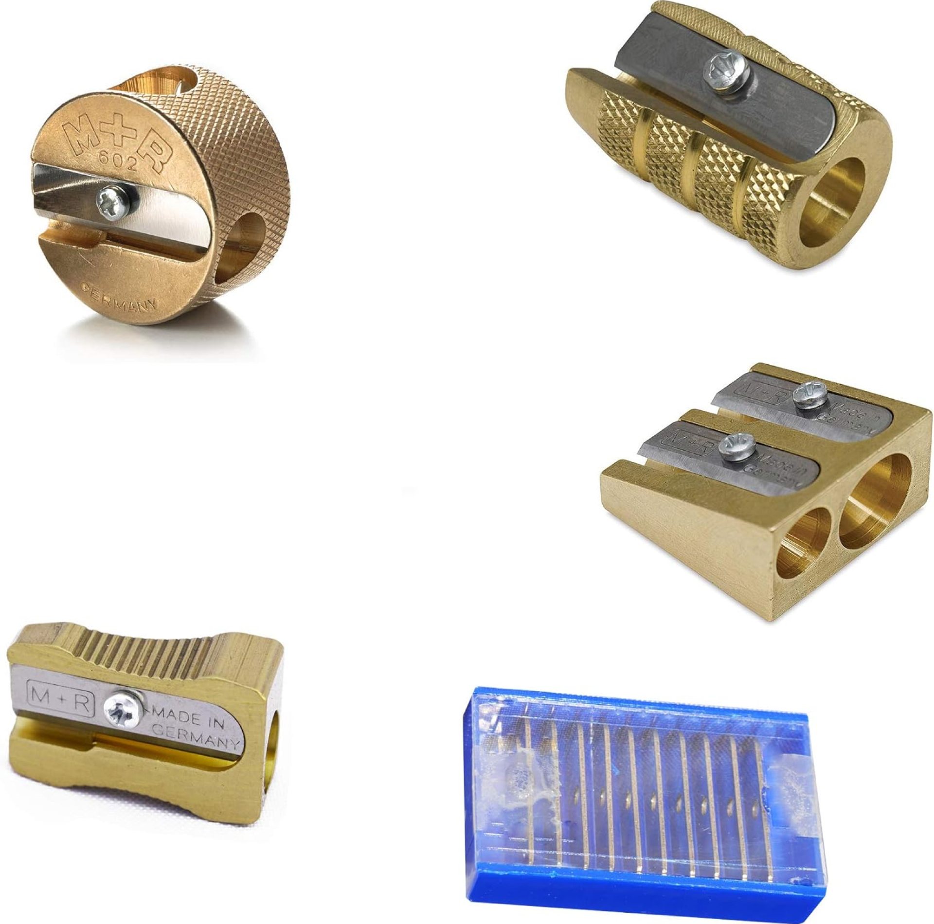 COMPLETE SET 4 Styles of Mobius + Ruppert (M+R) Brass Pencil Sharpeners + 10 Replacement Blades – Finest in the world – MADE IN GERMANY COMPLETE SET 4 Styles of Mobius + Ruppert (M+R) Brass Pencil Sharpeners + 10 Replacement Blades – Finest in the world – MADE IN GERMANY