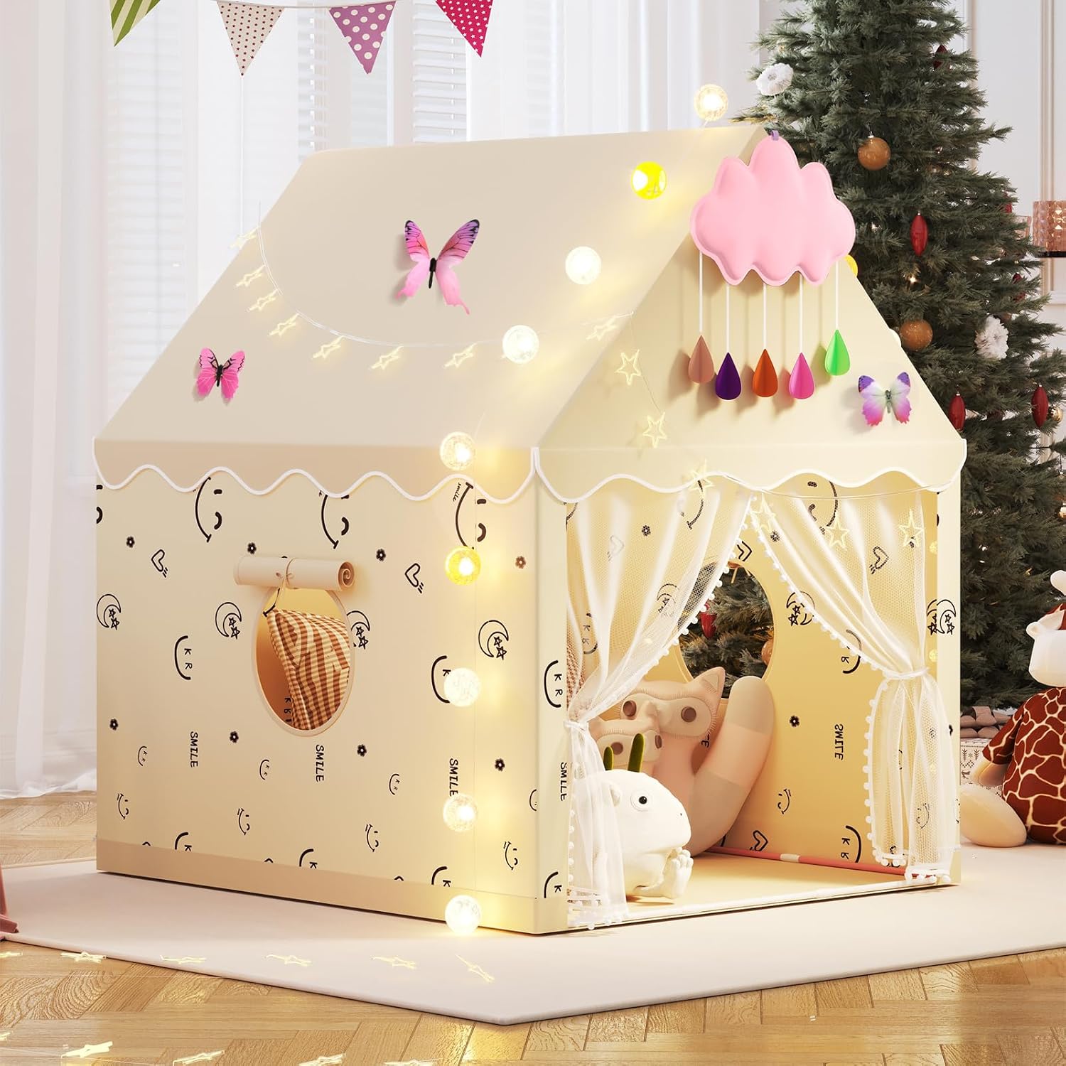 Kids Play Tent, Princess Tent Indoor Playhouse Set with Star Lights, Ball Lights, Colorful Flags, Butterflies, Clouds – Large Tents for Kids Toddle Castle for Girls Toy House Gift Kids Play Tent, Princess Tent Indoor Playhouse Set with Star Lights, Ball Lights, Colorful Flags, Butterflies, Clouds – Large Tents for Kids Toddle Castle for Girls Toy House Gift