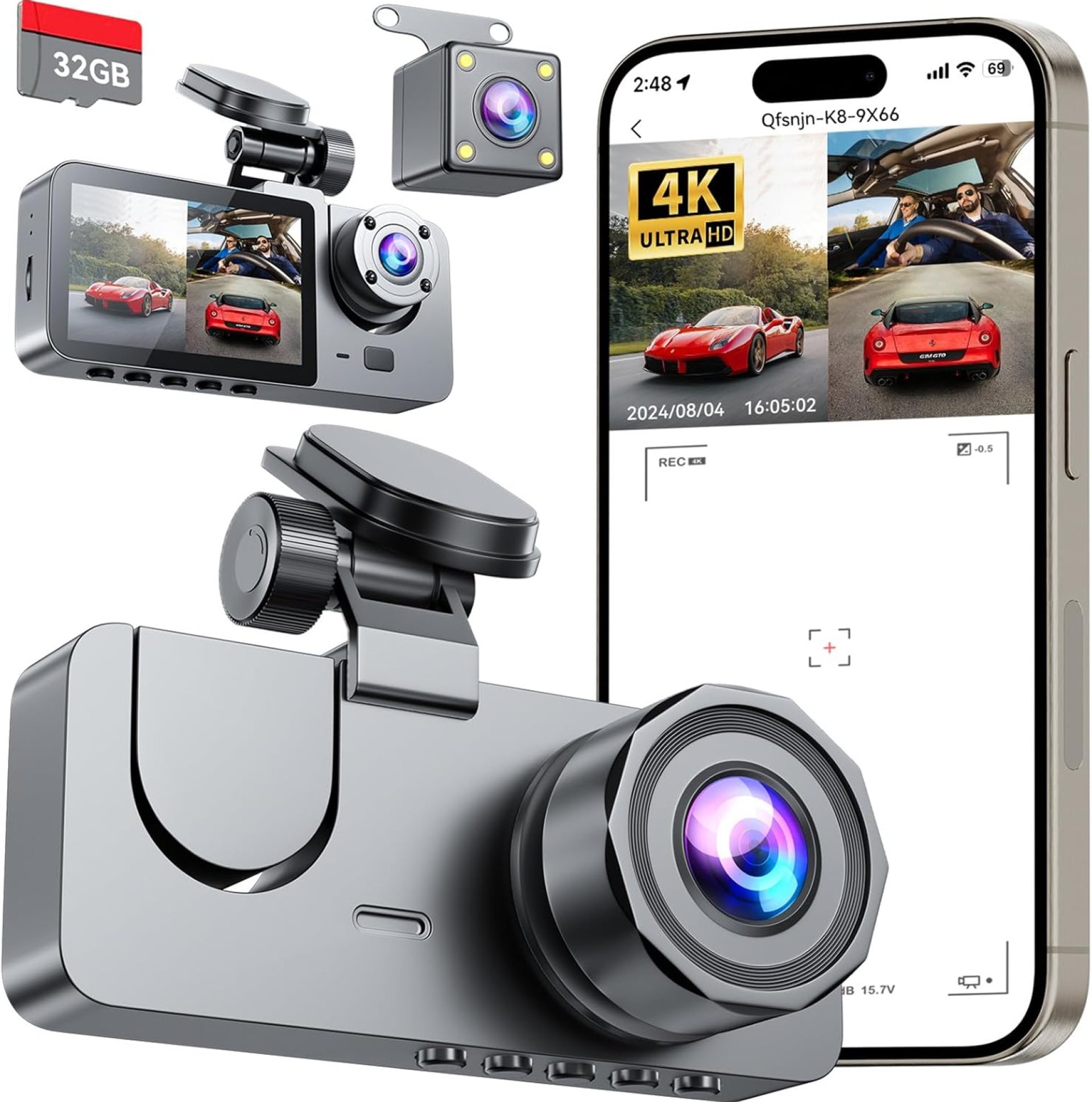 Dash Cam Front and Rear Inside 3 Channel, 4K Full UHD Dash Camera for Cars Built-in 32GB Card with IR Night Vision, 24 Hours Recording, Loop Recording, G-Sensor (Black) Dash Cam Front and Rear Inside 3 Channel, 4K Full UHD Dash Camera for Cars Built-in 32GB Card with IR Night Vision, 24 Hours Recording, Loop Recording, G-Sensor (Black)