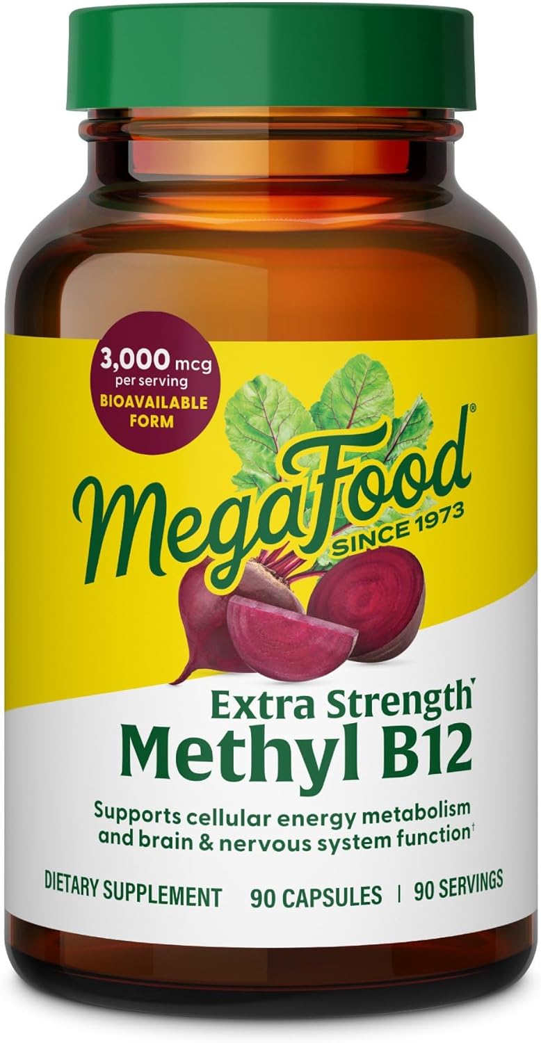 MegaFood Extra Strength Methyl B12 Vitamins, Bioavailable Vitamin B12 3000mcg Per Serving, Supports Energy Metabolism & Nervous System Health, Beet Root, Vegan, Gluten Free, 90 Capsules, 90 Servings MegaFood Extra Strength Methyl B12 Vitamins, Bioavailable Vitamin B12 3000mcg Per Serving, Supports Energy Metabolism & Nervous System Health, Beet Root, Vegan, Gluten Free, 90 Capsules, 90 Servings