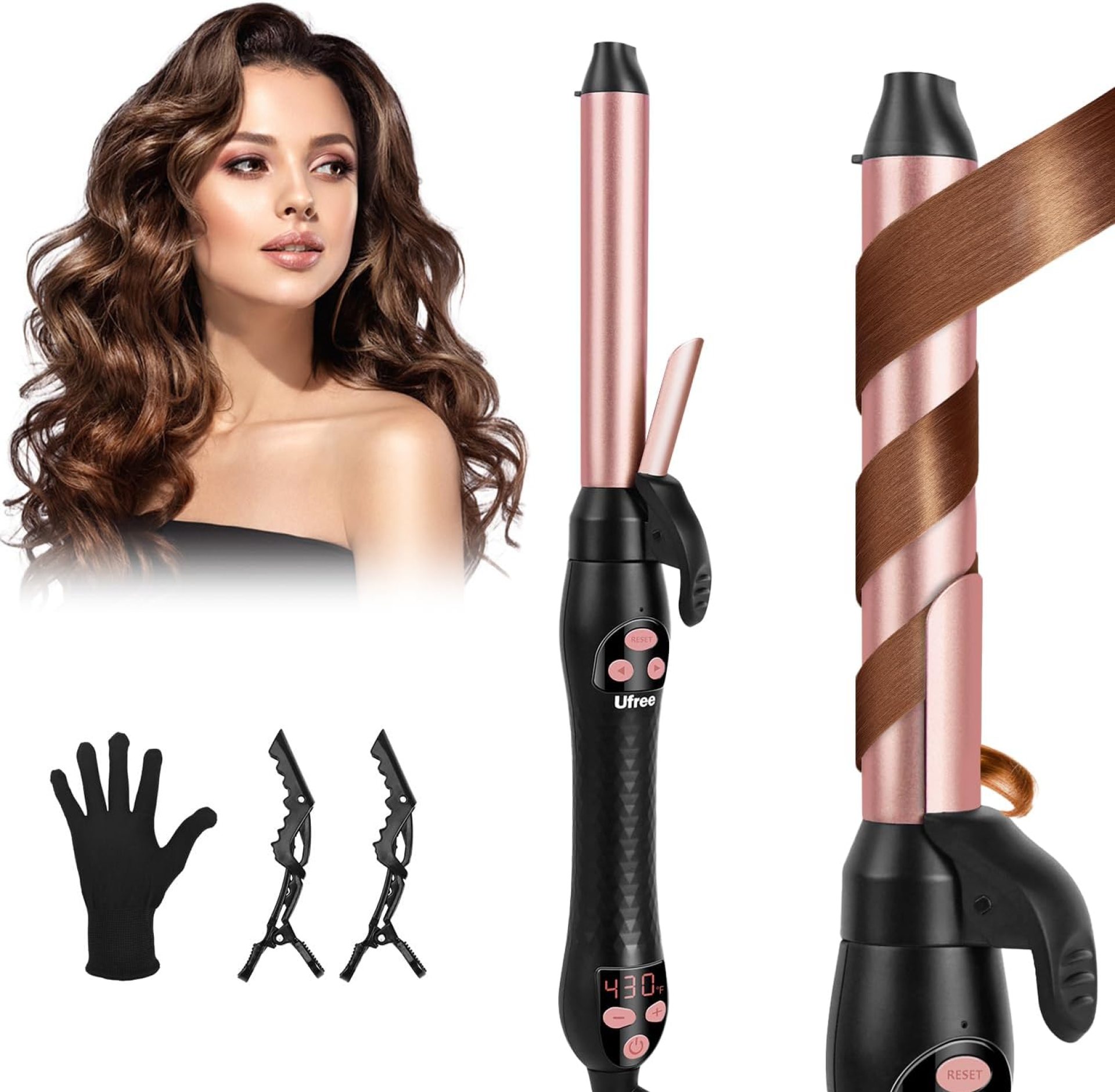 Ufree Automatic Rotating Curling Iron – 1 Inch Ceramic Barrel Curling Wand for Medium to Long Hair & Beach Waves, Self-Spinning Hair Curler with LCD Display 250°F–430°F, Dual Voltage, Rose Gold Ufree Automatic Rotating Curling Iron – 1 Inch Ceramic Barrel Curling Wand for Medium to Long Hair & Beach Waves, Self-Spinning Hair Curler with LCD Display 250°F–430°F, Dual Voltage, Rose Gold
