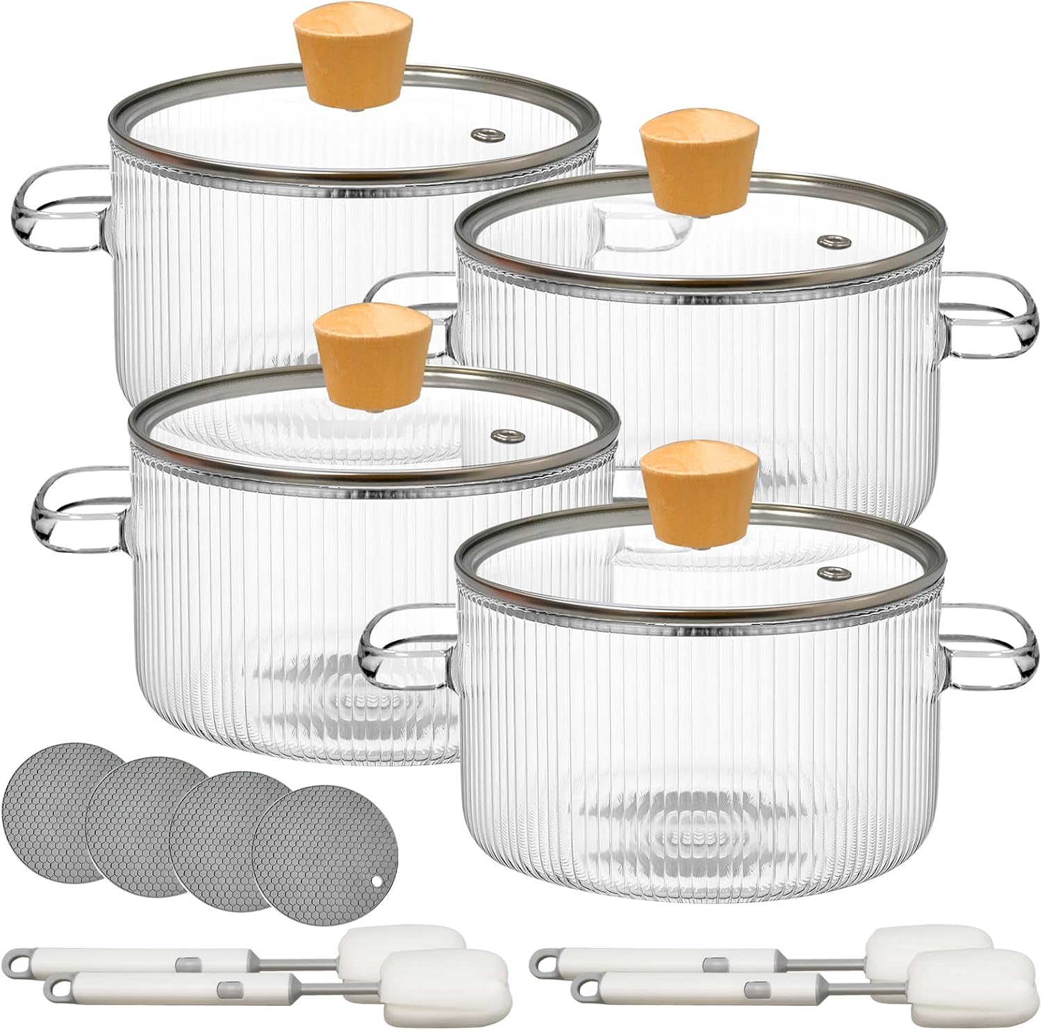 4 Pcs Clear Glass Pots for Stove Cooking 1.3 L 44 oz Glass Saucepan with Lid and Handle, Borosilicate Cooking Pot for Simmering, Handmade Cookware with Brushes and Silicone Mats (Ribbed) 4 Pcs Clear Glass Pots for Stove Cooking 1.3 L 44 oz Glass Saucepan with Lid and Handle, Borosilicate Cooking Pot for Simmering, Handmade Cookware with Brushes and Silicone Mats (Ribbed)