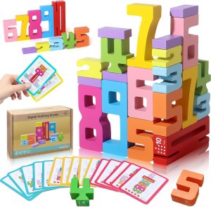 Wooden Number Building Blocks – 20Pcs Stacking for 3+ Years Old Kids, Digital Building Blocks, 1-10 Digital Blocks Toys, Balance Competition Toy, Educational Gift for Boys and Girls