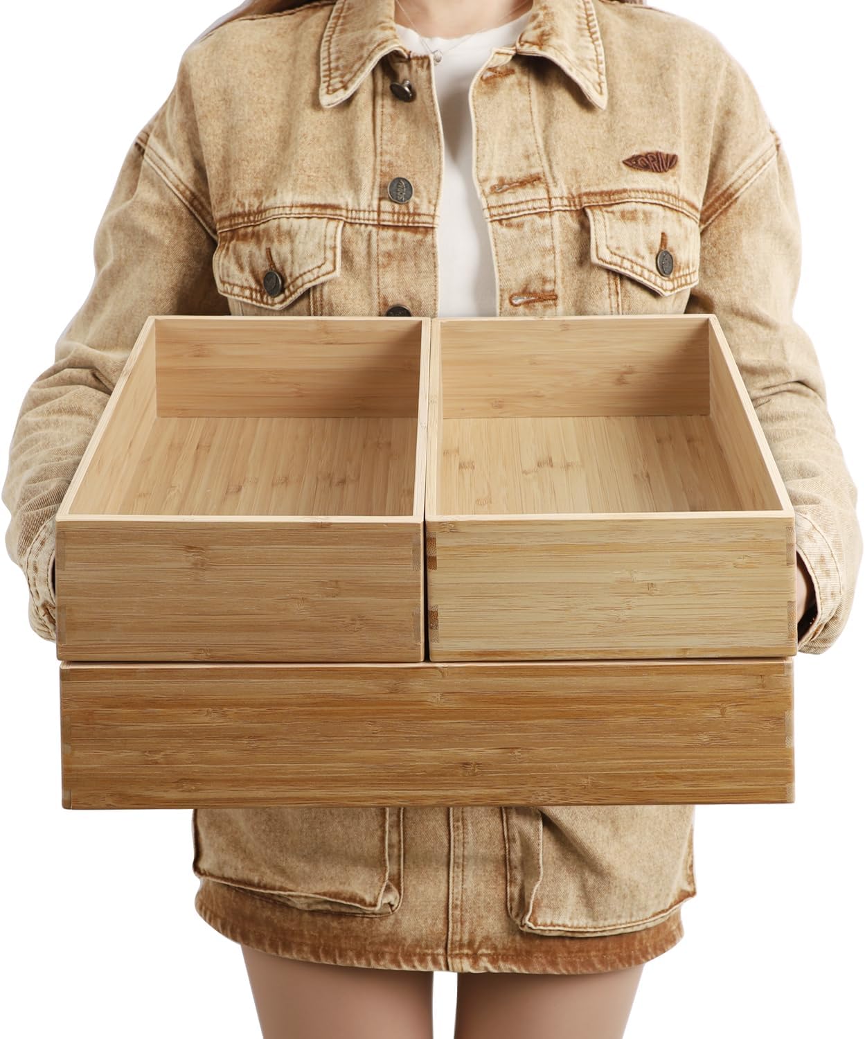3-Piece Large Bamboo Storage Box Set, 3.9 in High, Stackable Deep-Drawer Organizer for Kitchen Cutlery, Cookware, Utensils & Knives, Lidless Wooden Bin (14.6″x10.2″*1+10.2″x7.3″*2) 3-Piece Large Bamboo Storage Box Set, 3.9 in High, Stackable Deep-Drawer Organizer for Kitchen Cutlery, Cookware, Utensils & Knives, Lidless Wooden Bin (14.6″x10.2″*1+10.2″x7.3″*2)